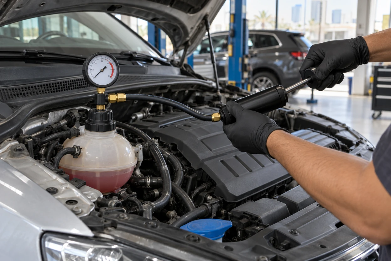 AI generated image Cooling system pressure tester gauge fitted to the expansion tank of a VW Tiguan