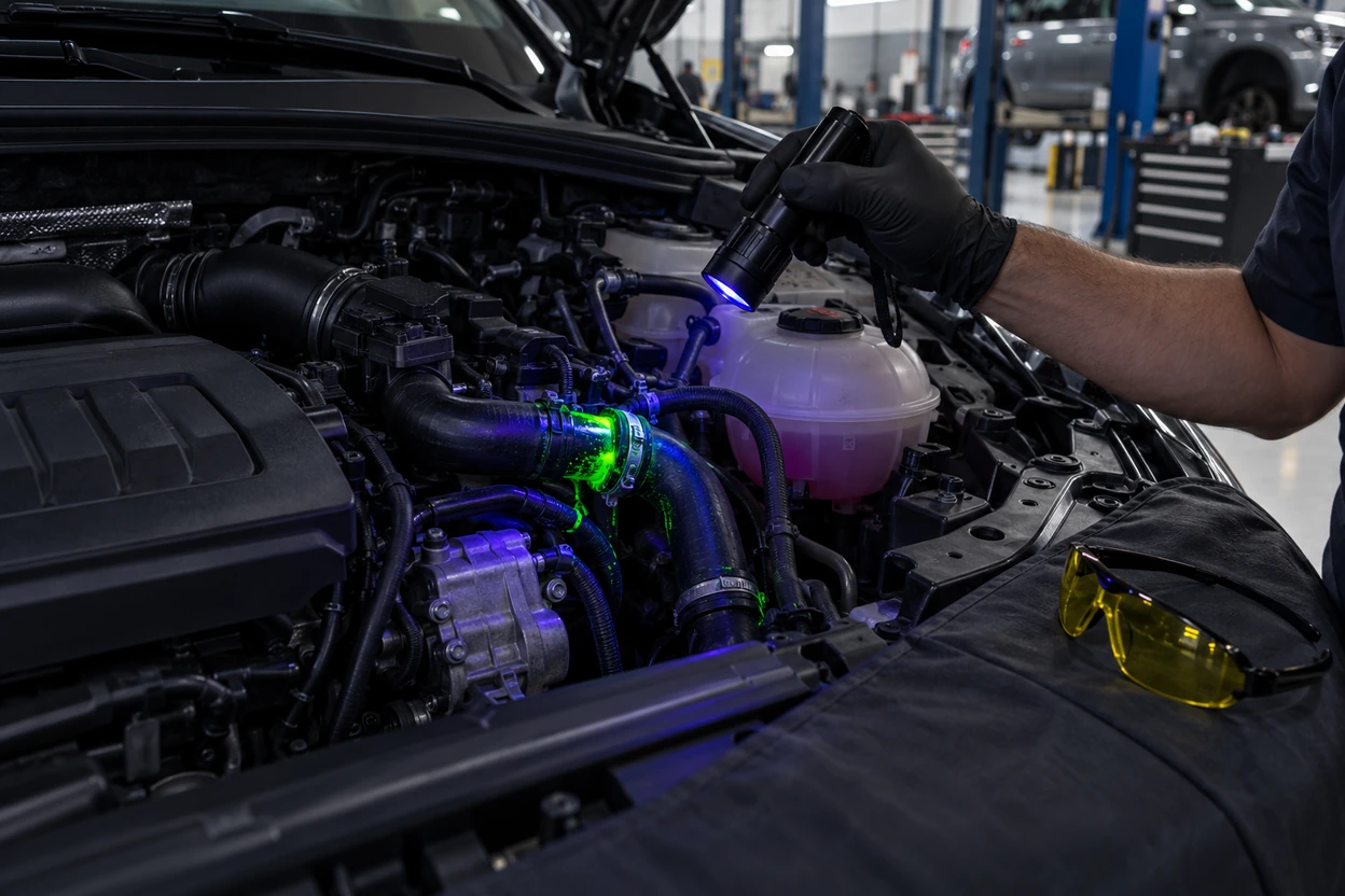 AI generated image UV torch showing glowing coolant dye at a hose joint on a VW Tiguan engine