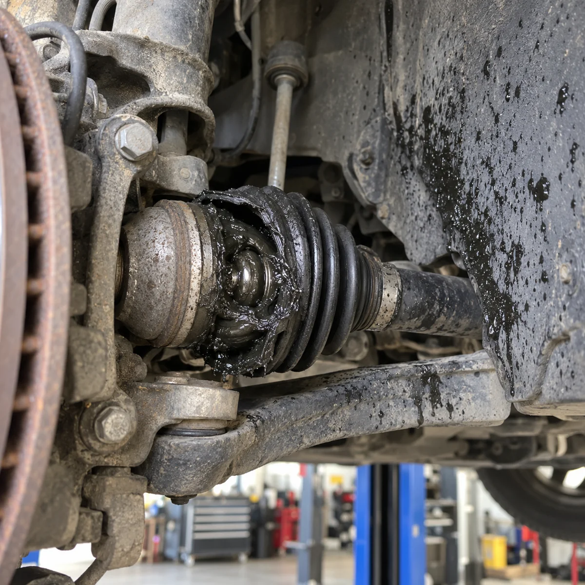 Torn outer CV boot and grease on a VW Tiguan front driveshaft