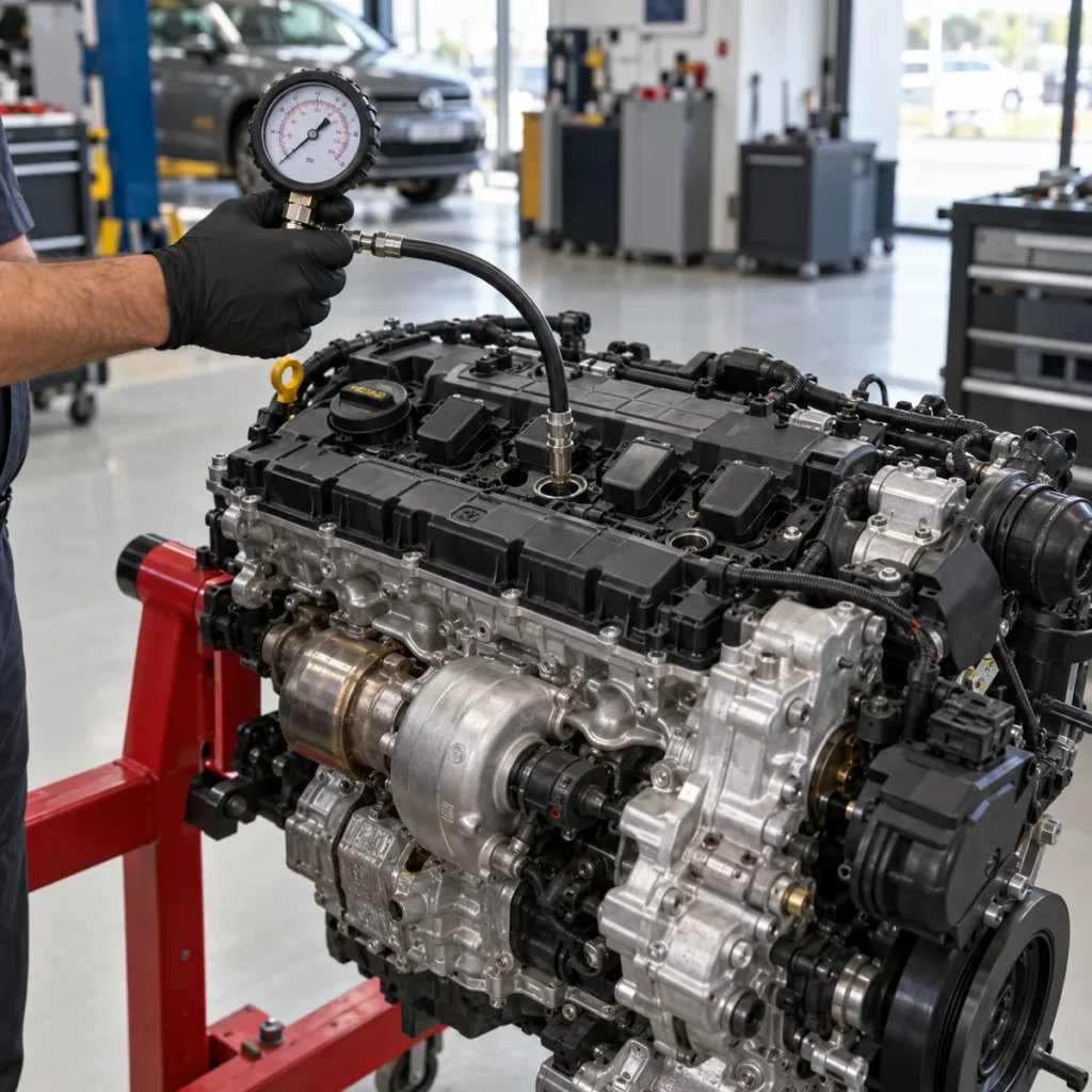Compression gauge connected to a Volkswagen Tiguan engine during testing