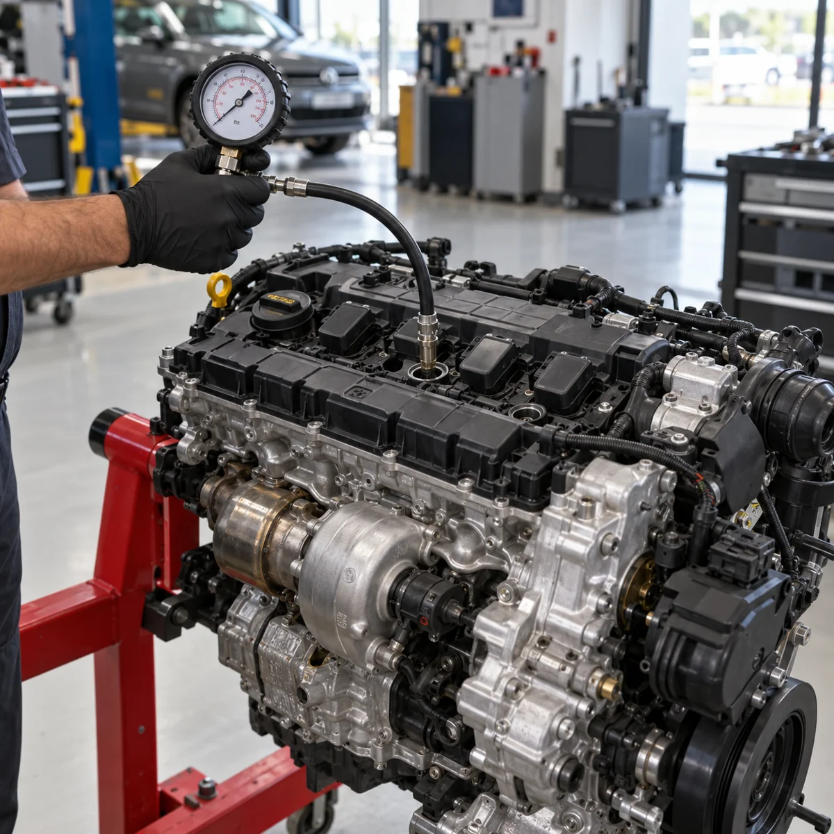 Compression tester connected to a VW 2.0 TSI engine on a workshop stand