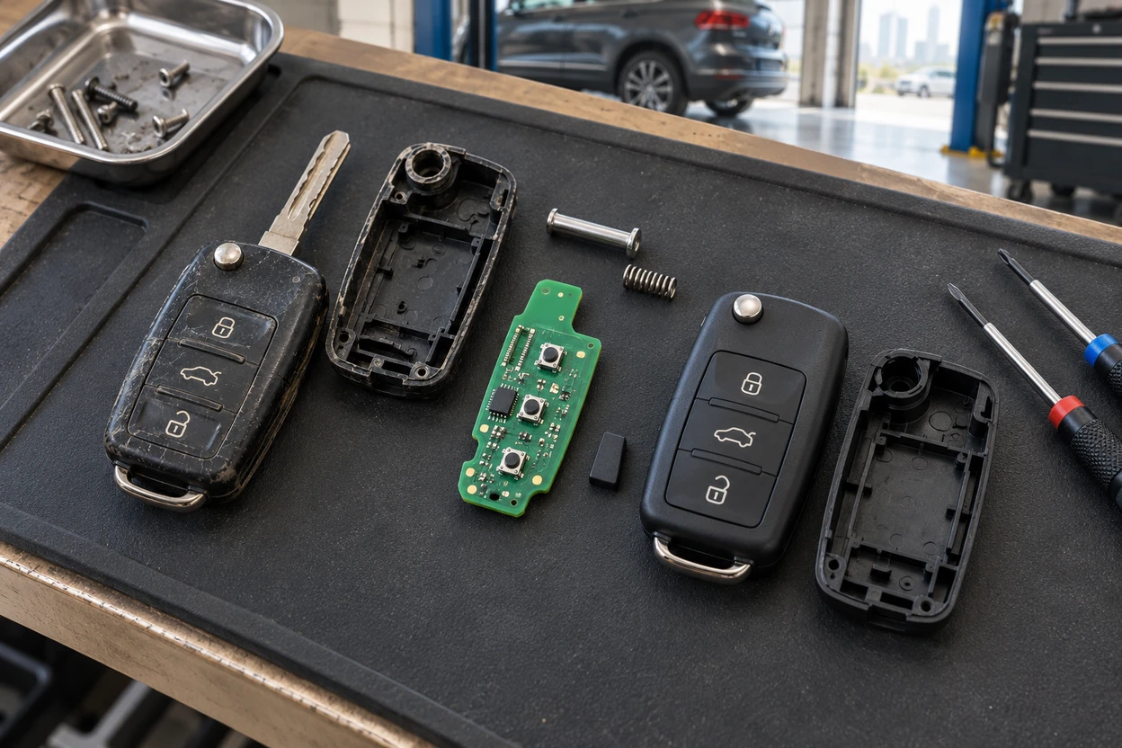 AI generated image VW Tiguan folding key opened on a bench for a hinge and shell repair