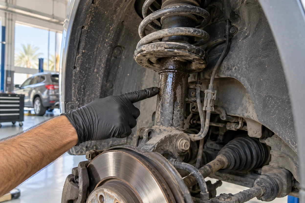 AI generated image Oil leaking down a worn front shock absorber on a VW Tiguan strut
