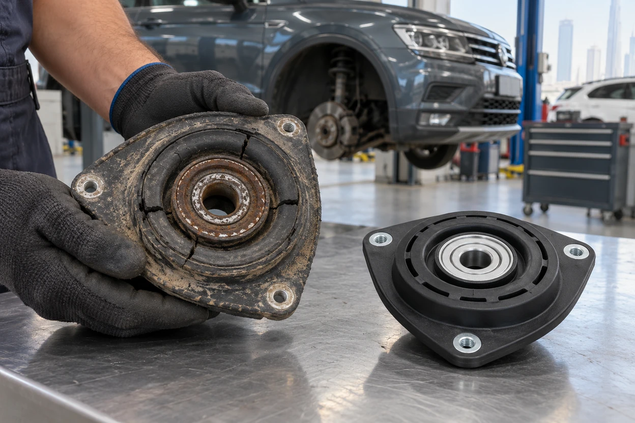 Worn top mount and bearing removed from a VW Tiguan front strut