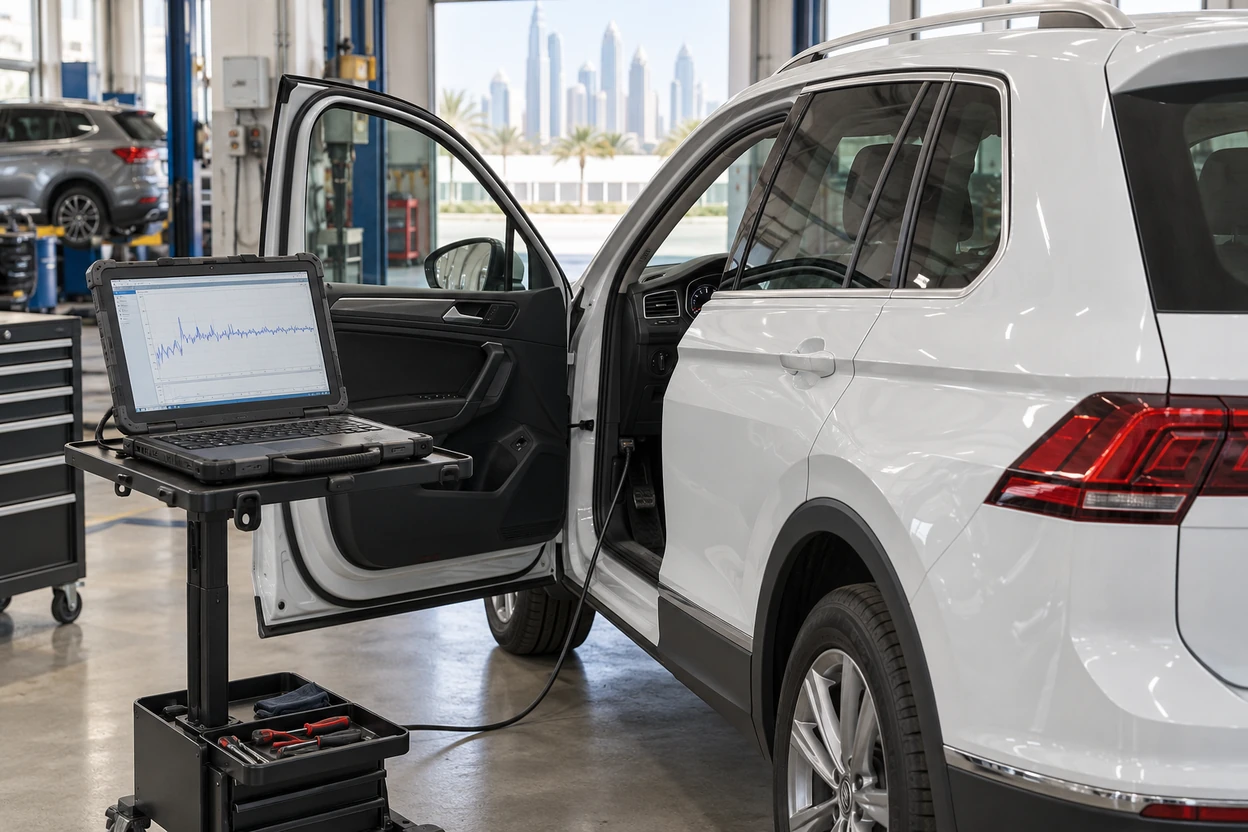 AI generated image Laptop showing fuel rail pressure live data next to a VW Tiguan