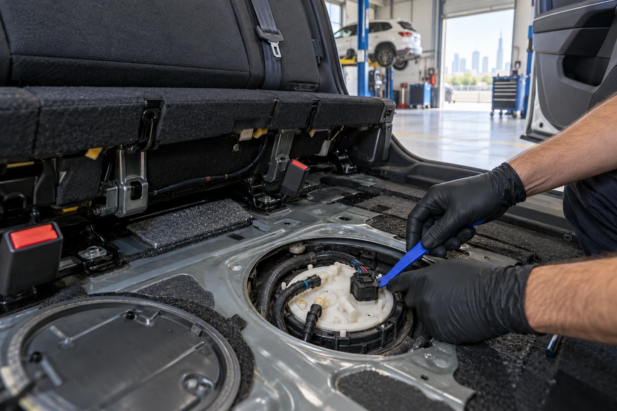 AI generated image Fuel pump access cover open under the rear seat of a VW Tiguan