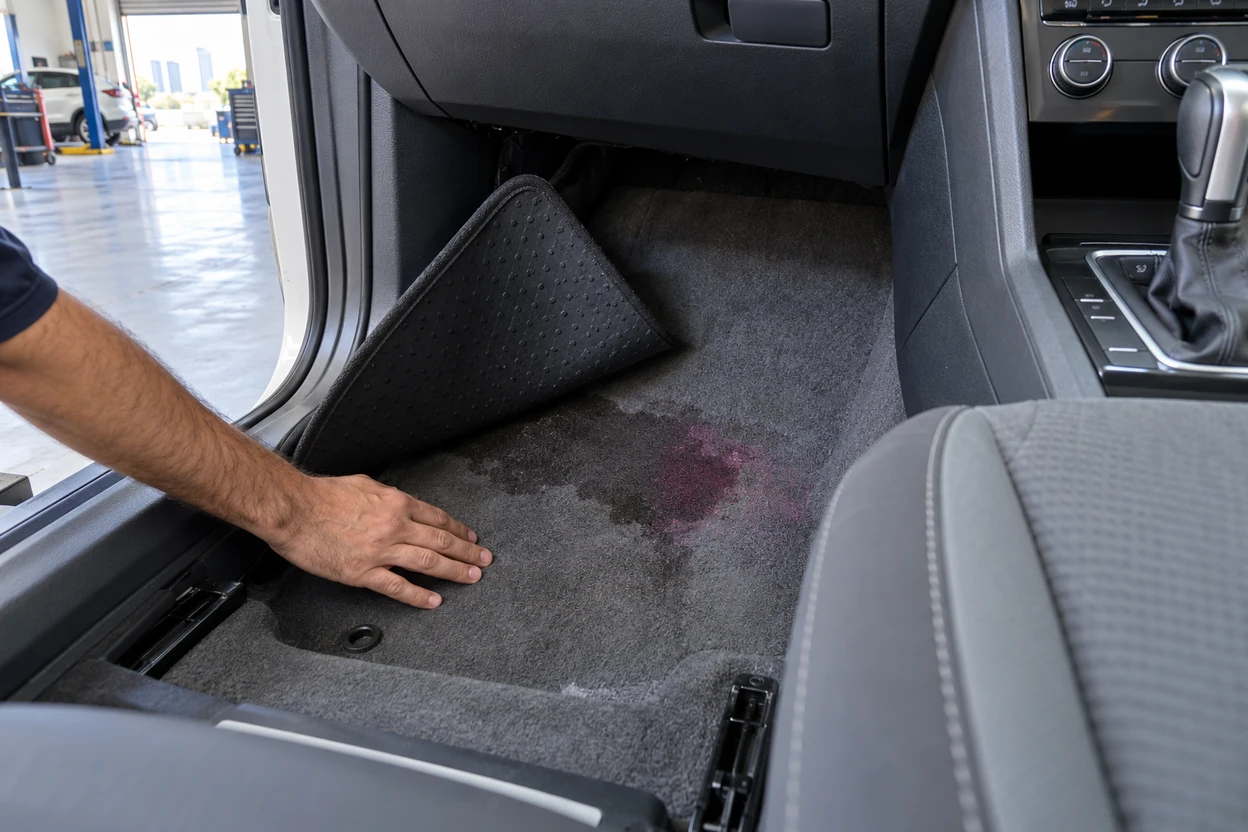 AI generated image Damp carpet and coolant stain in the passenger footwell of a VW Tiguan