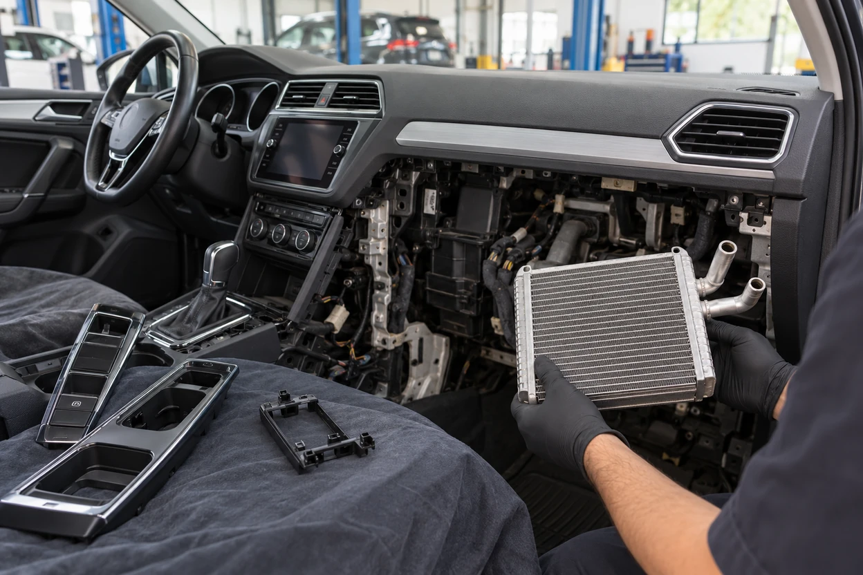 AI generated image Technician holding a removed heater core beside the open dashboard of a VW Tiguan
