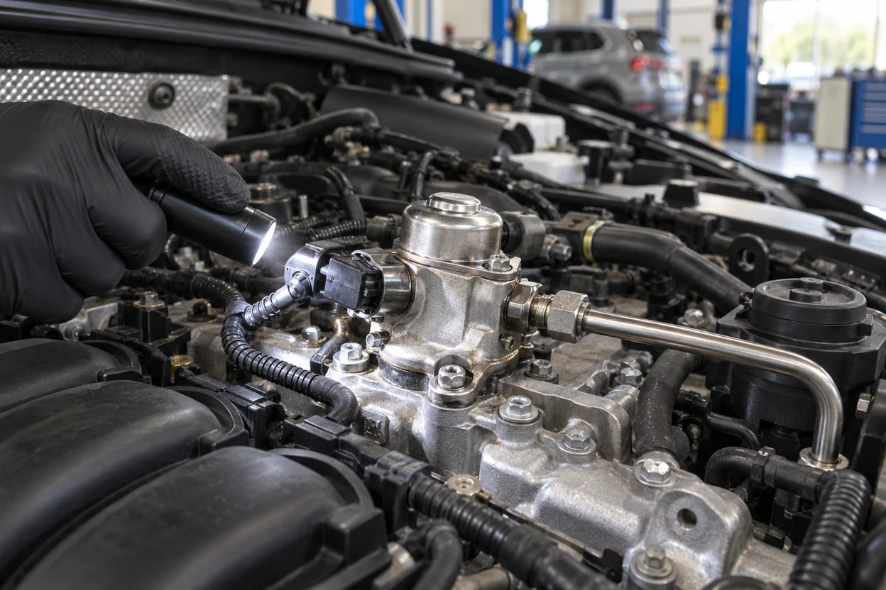 AI generated image High pressure fuel pump on the cylinder head of a VW Tiguan 2.0 TSI