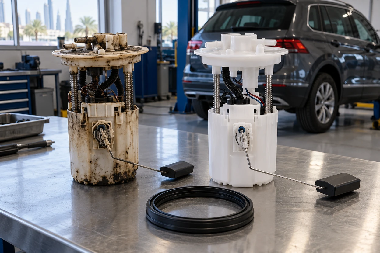 AI generated image Old and new in tank fuel pump from a VW Tiguan on a workbench