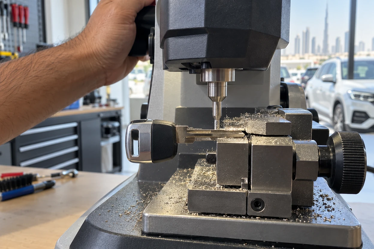 AI generated image Emergency blade for a VW Tiguan key being cut on a key cutting machine