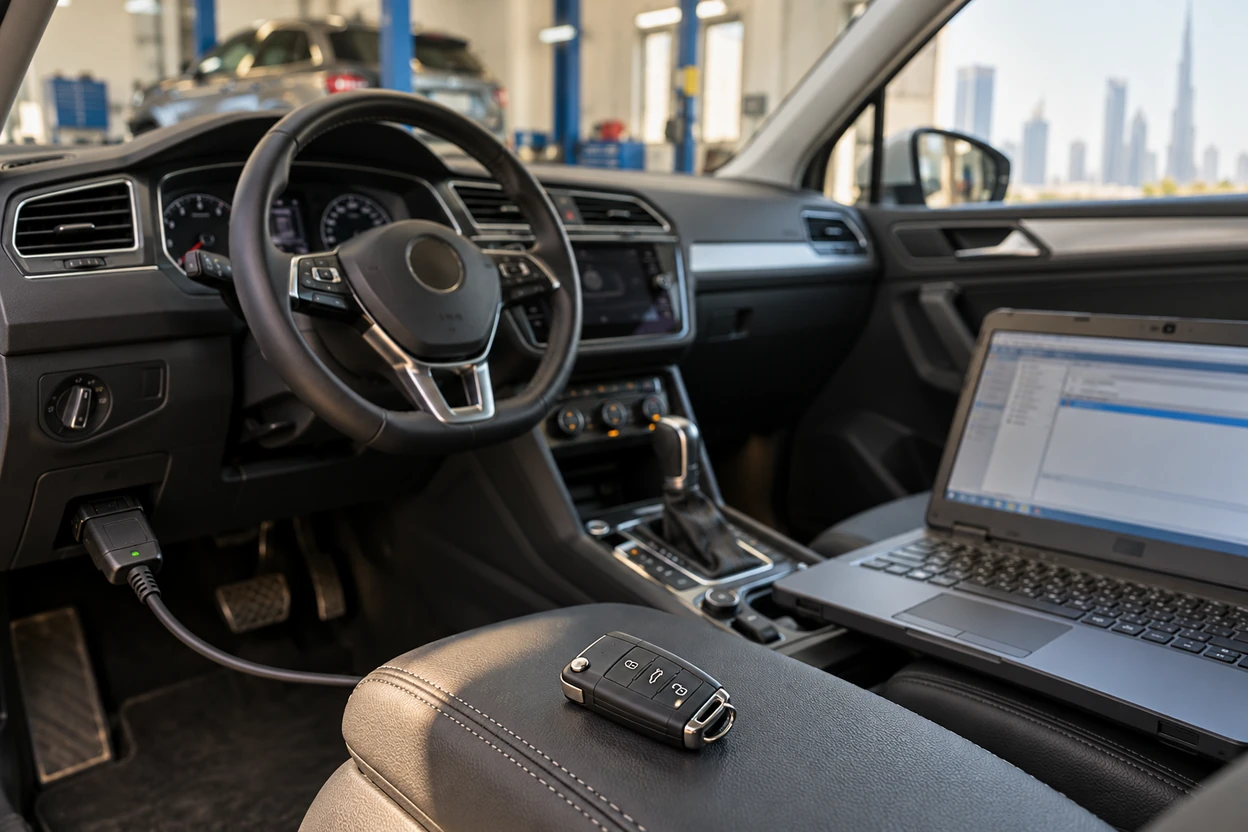 AI generated image VW Tiguan remote key next to a diagnostic laptop during key programming