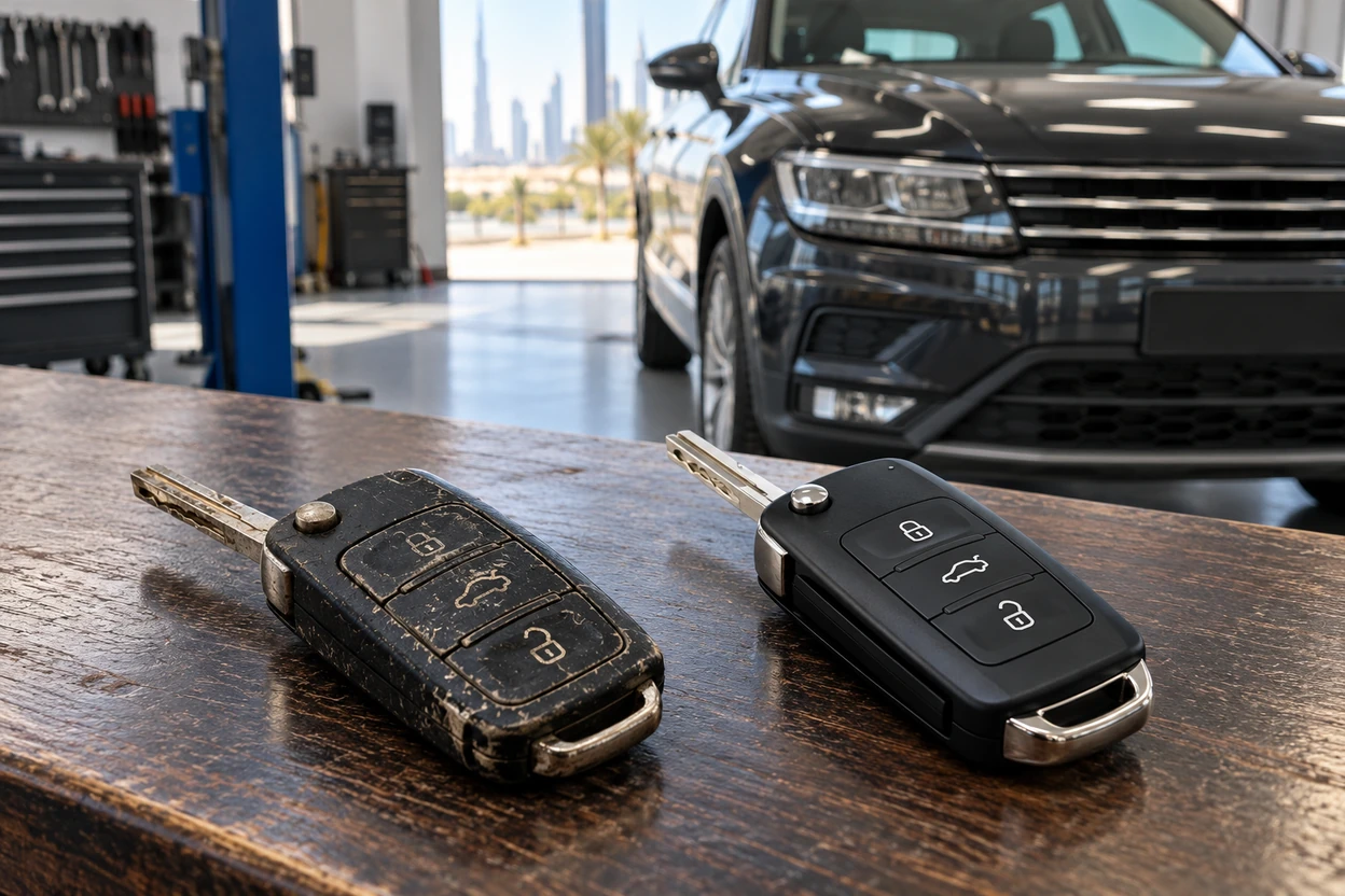 AI generated image Old worn VW Tiguan key next to a new remote key