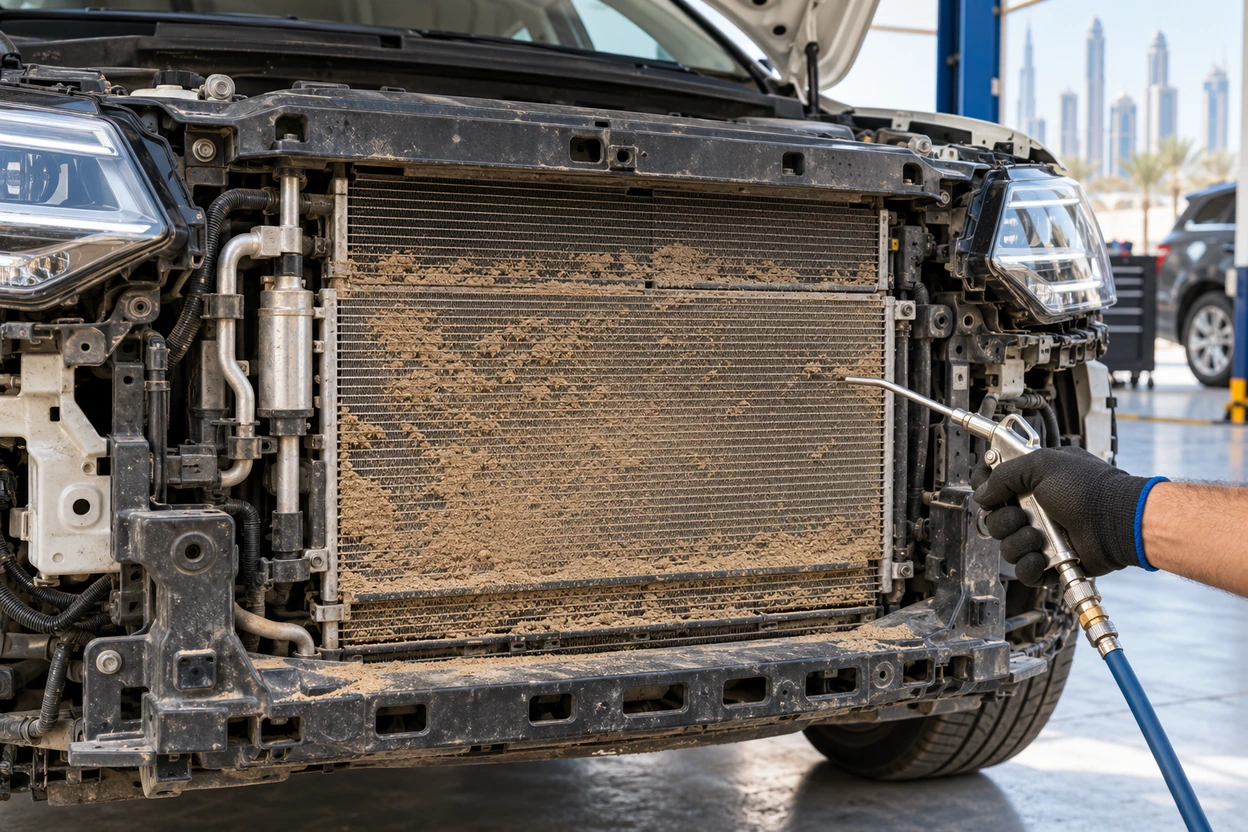AI generated image Sand and dust packed between the condenser and radiator fins of a VW Tiguan