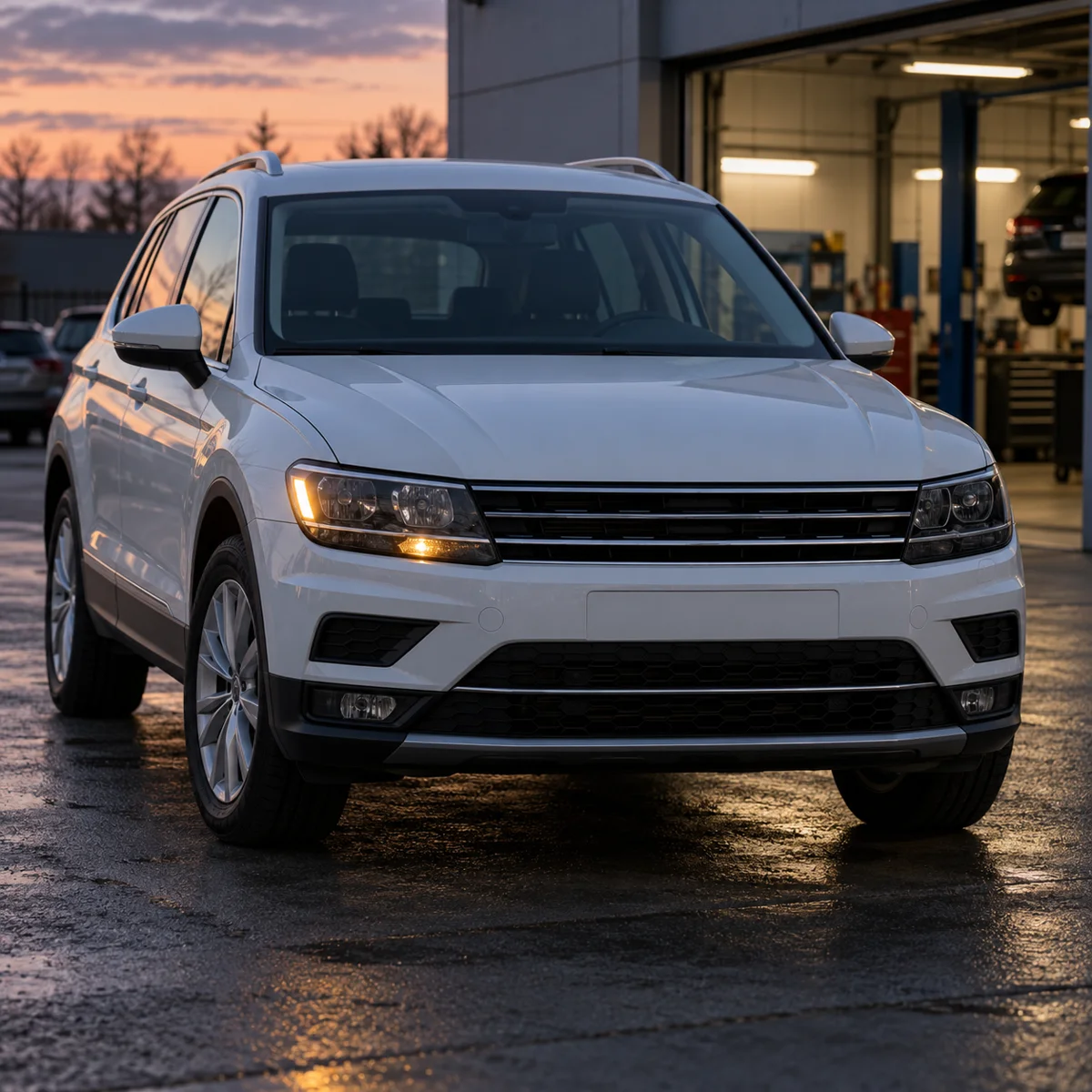 White VW Tiguan at dusk with one front parking light out