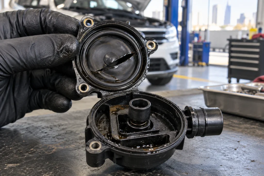 Torn diaphragm in the PCV valve of a Volkswagen Tiguan engine