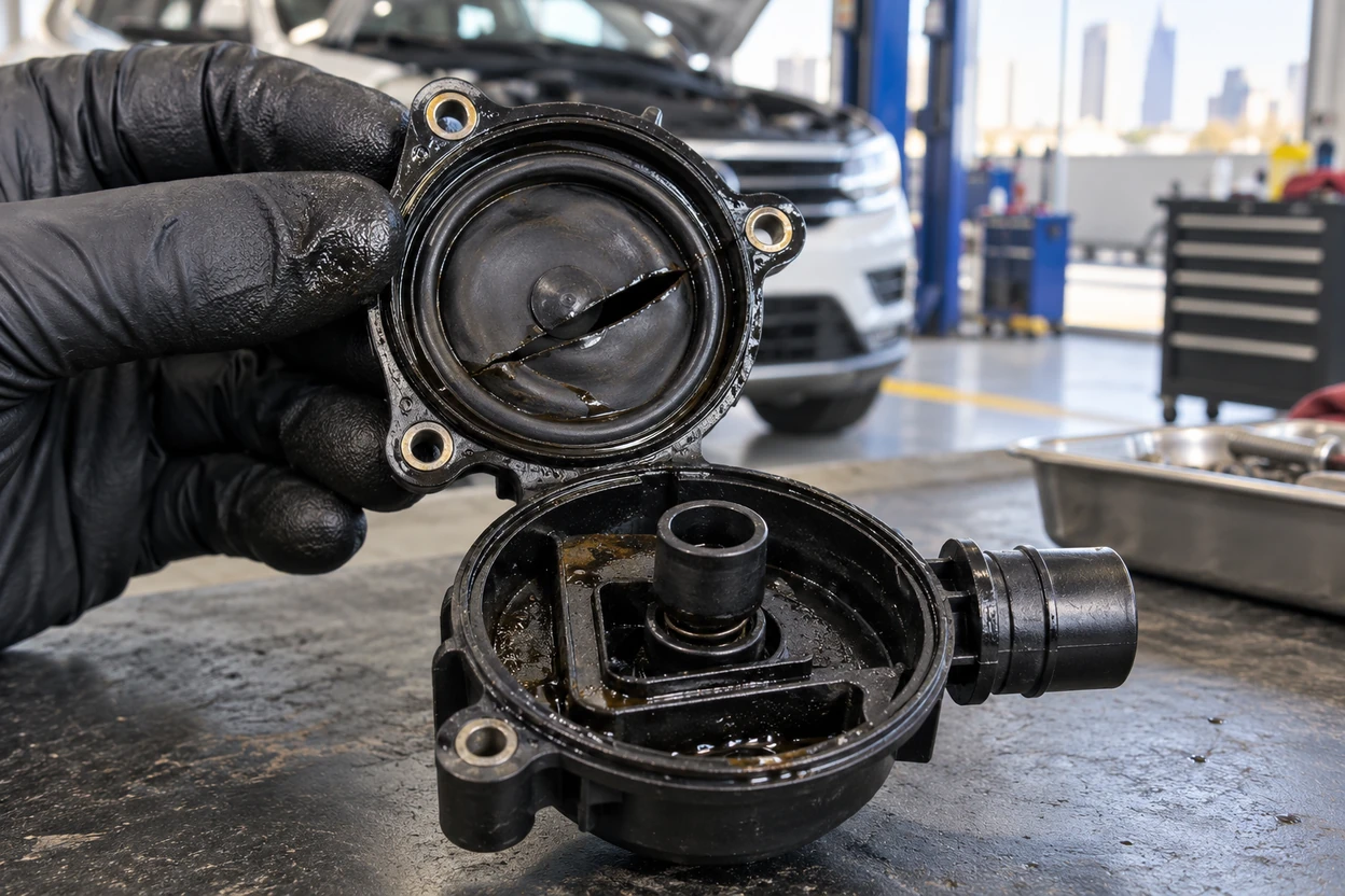 Torn rubber diaphragm inside an old VW Tiguan PCV valve