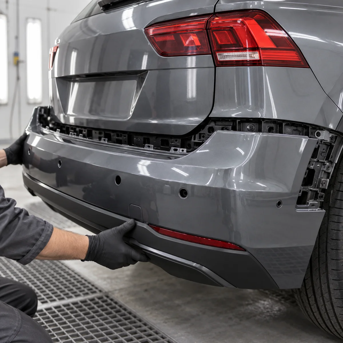 Freshly painted rear bumper being refitted to a grey VW Tiguan