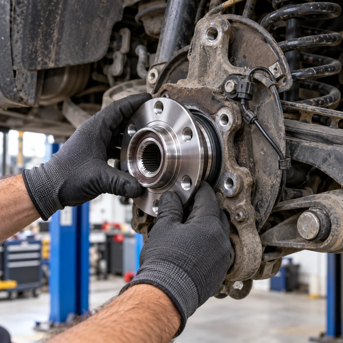 Gloved hands fitting a rear wheel hub bearing on a VW Tiguan