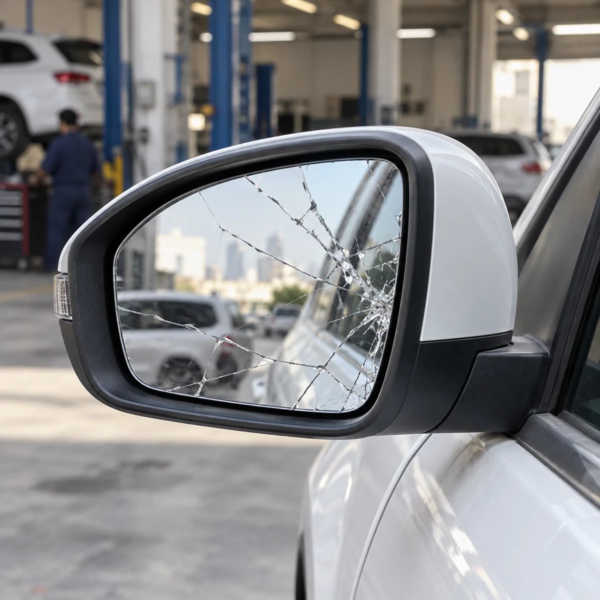 Cracked mirror glass on a white VW Tiguan door mirror
