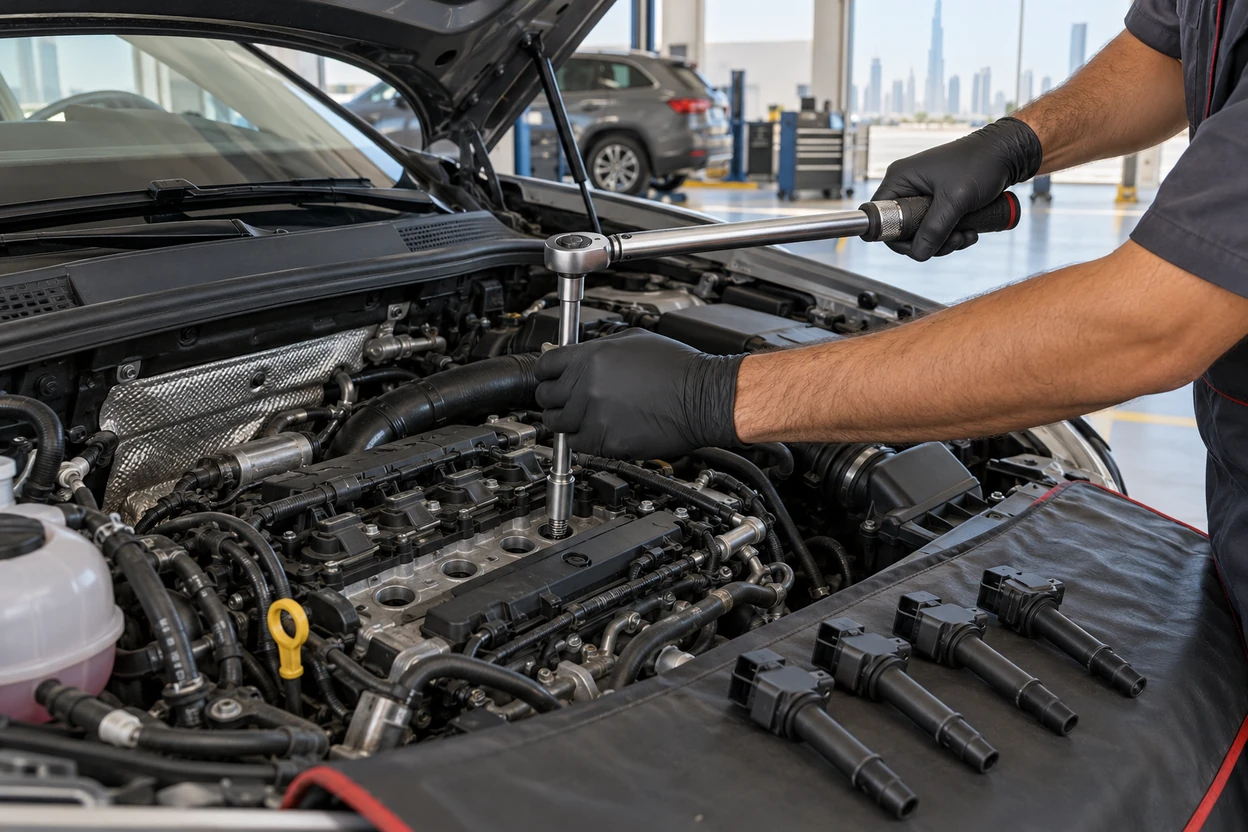 Technician torquing a new spark plug into a VW Tiguan engine