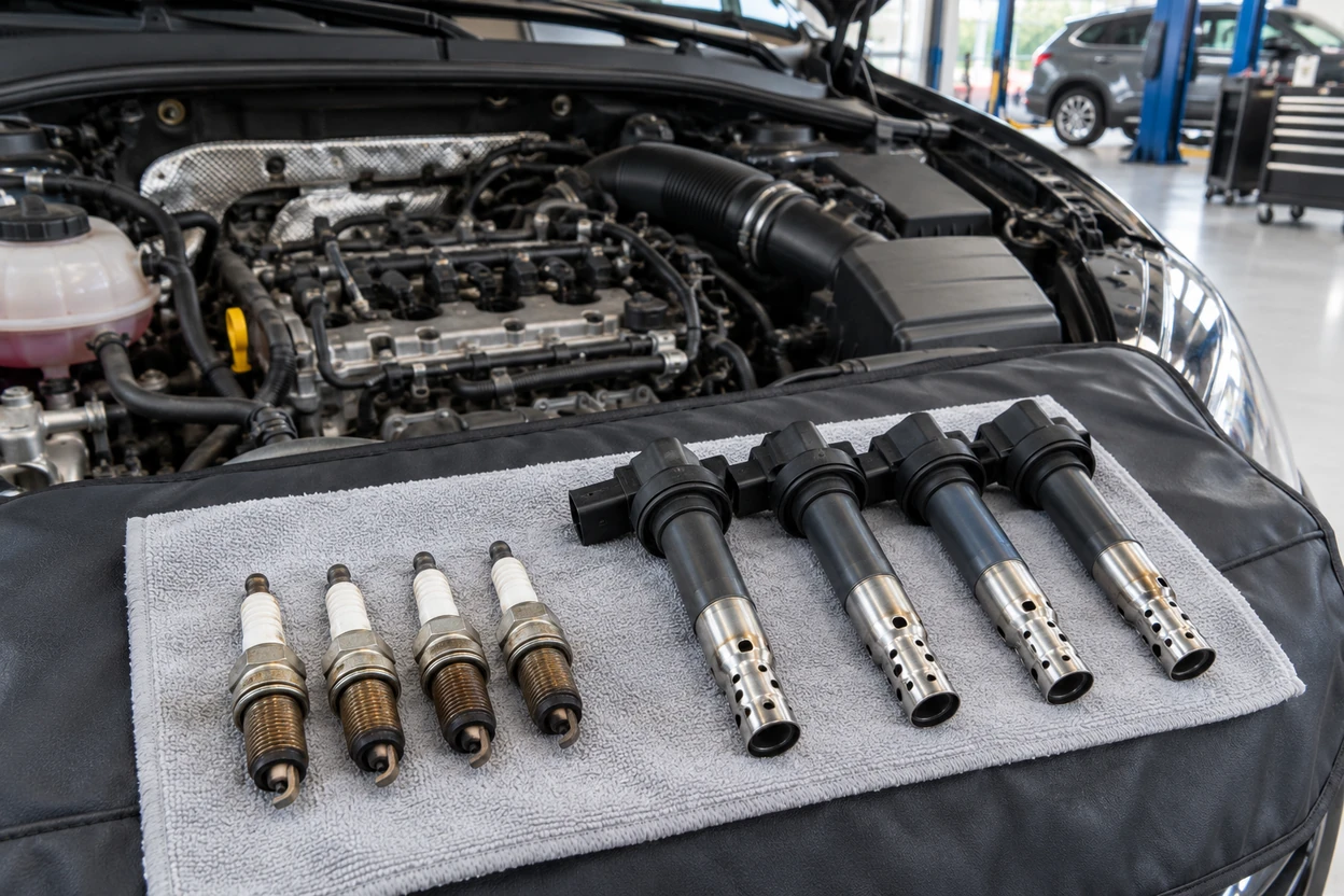 Worn spark plugs and ignition coils removed from a VW Tiguan 2.0 TSI