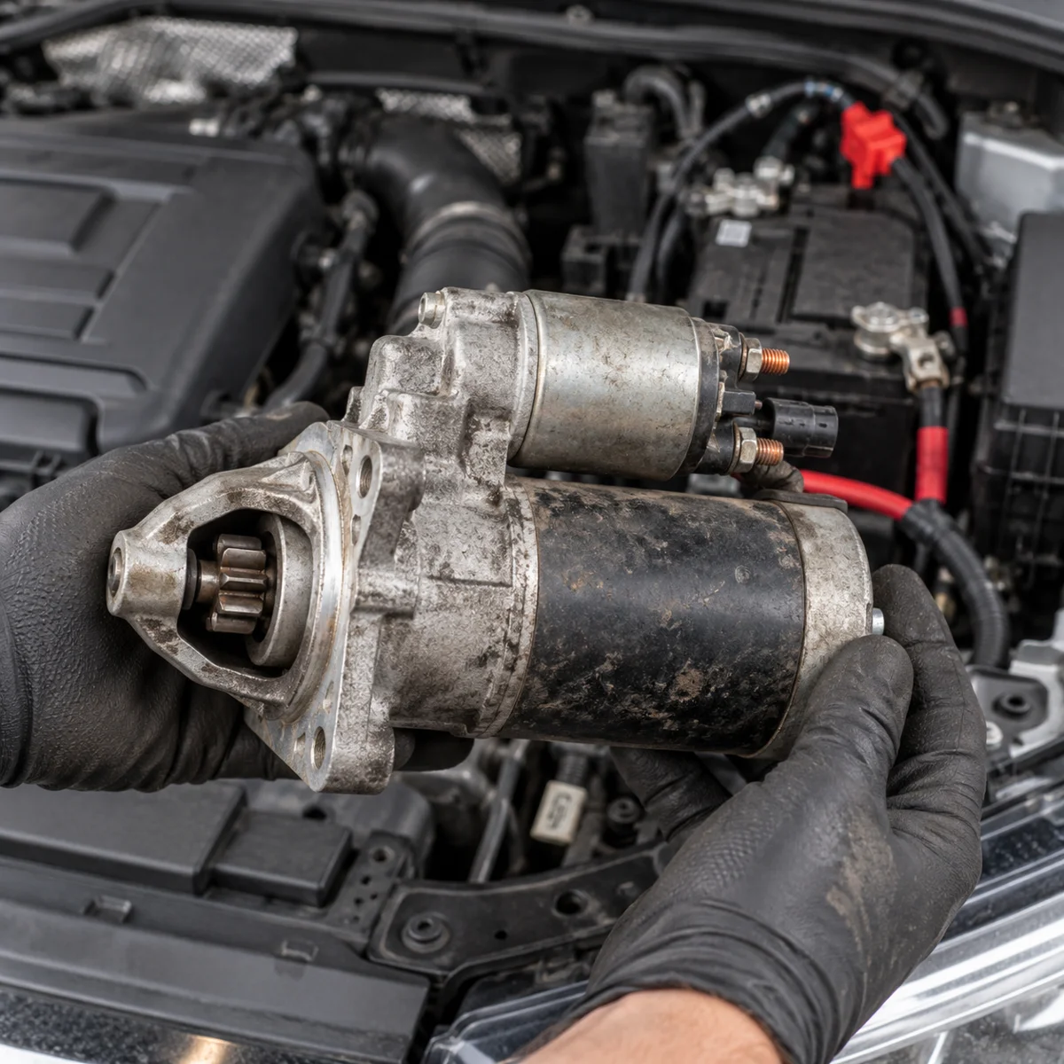 Removed starter motor held over a VW Tiguan engine bay