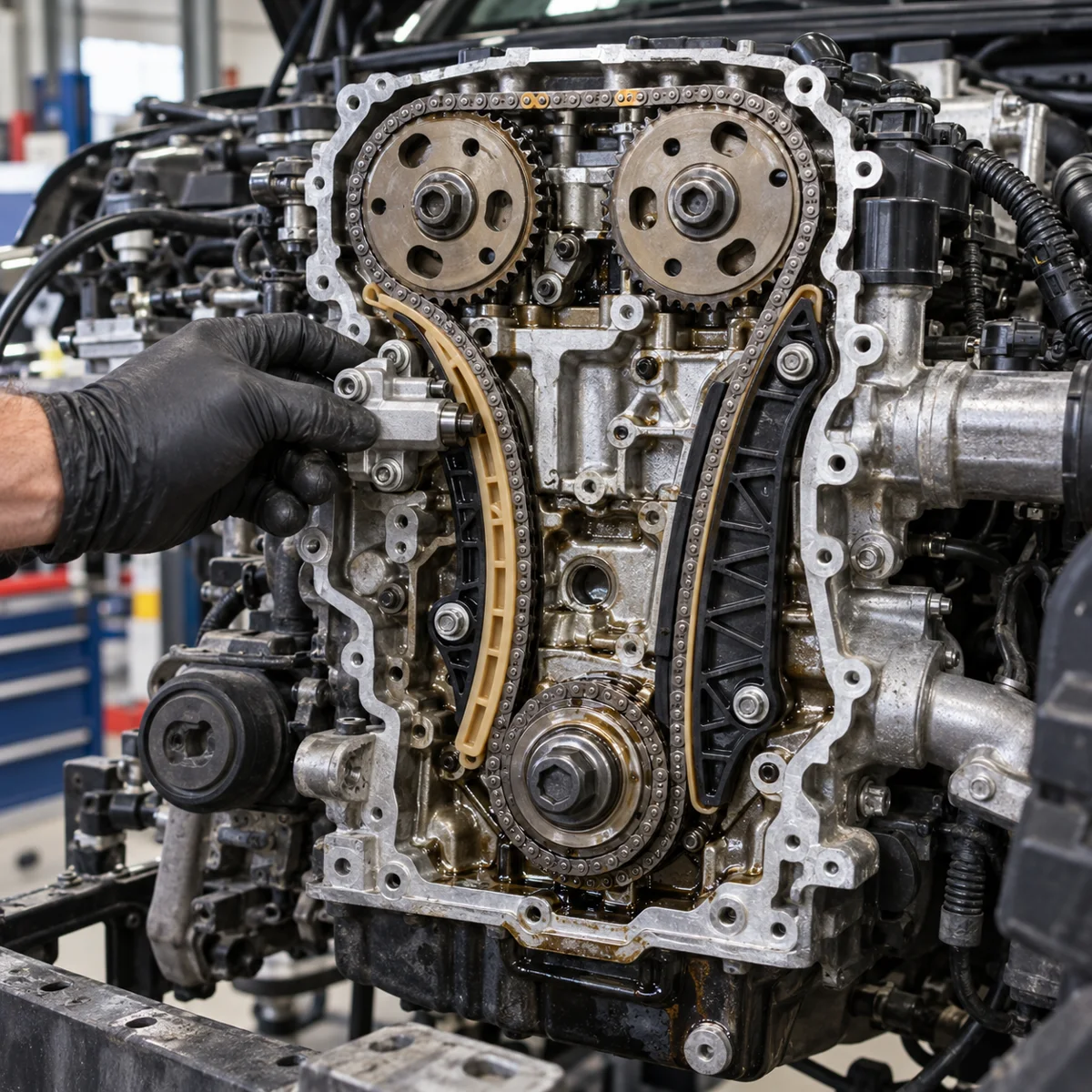 Timing chain, guides and tensioner on a VW Tiguan 2.0 TSI engine with the front timing cover removed, technician's gloved hand visible.