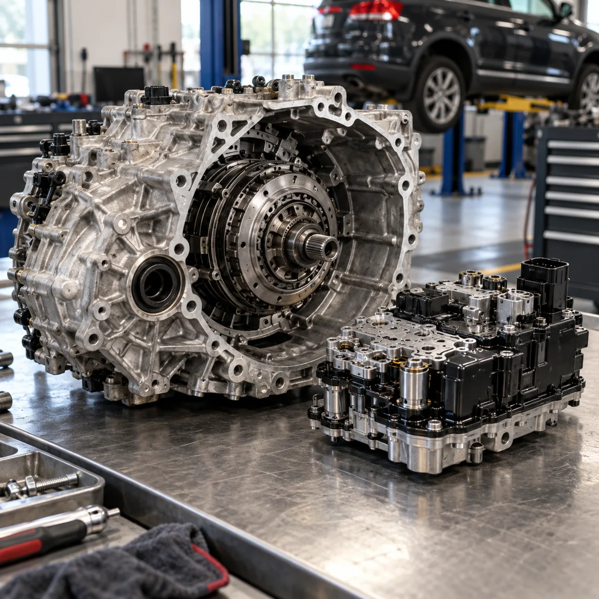 DSG gearbox and separate mechatronic unit on a clean workshop bench, for a VW Tiguan.