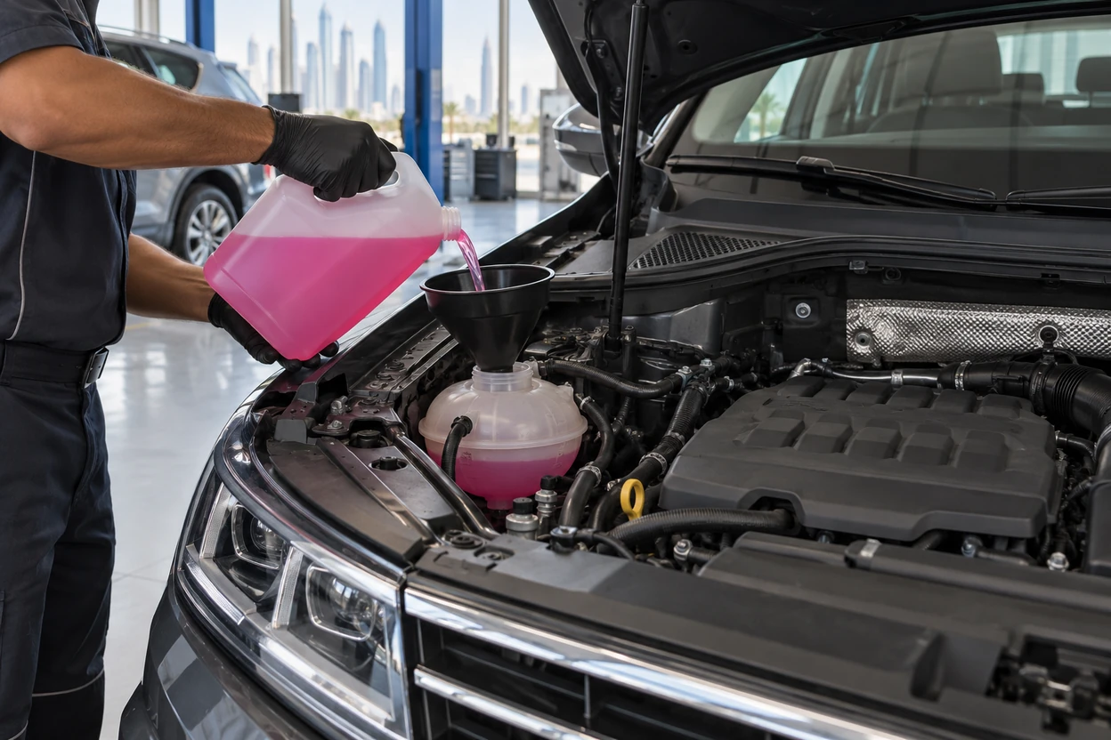 AI generated image Technician refilling a VW Tiguan expansion tank with pink VW coolant