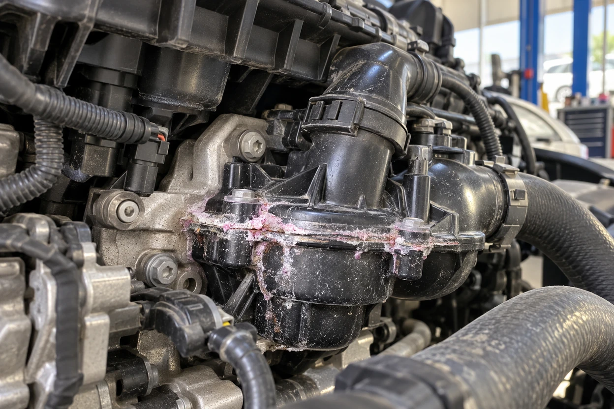 AI generated image Pink coolant crust on the plastic water pump and thermostat housing of a VW Tiguan 2.0 TSI