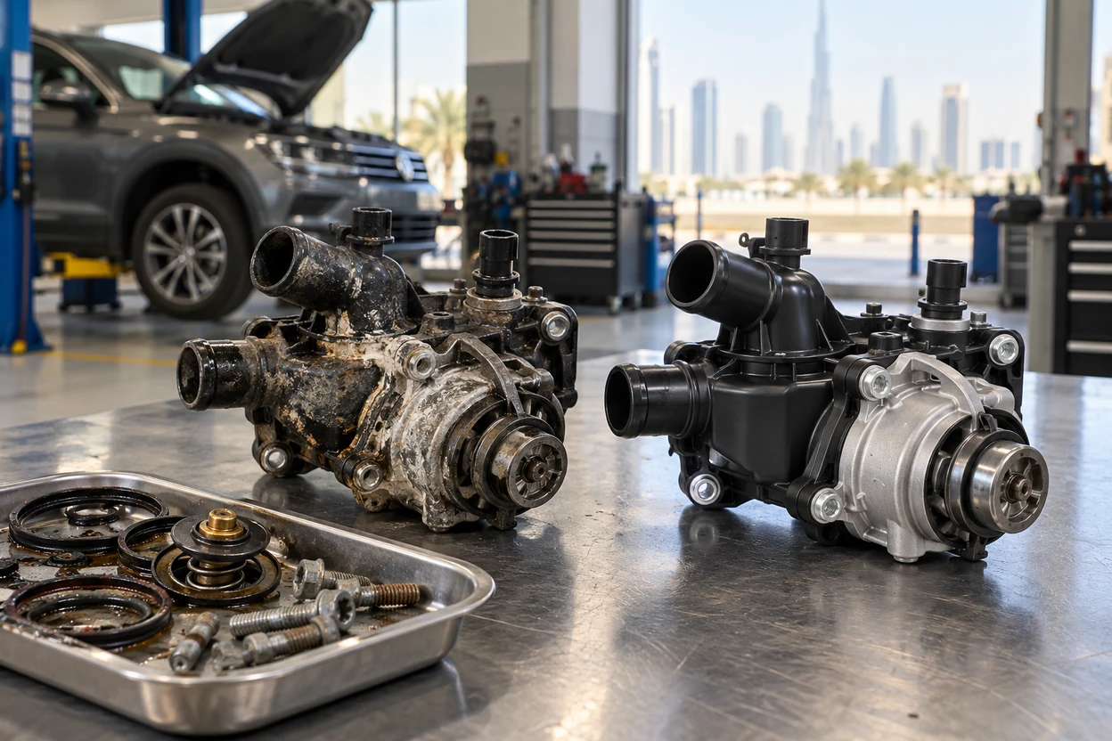 AI generated image Old and new water pump housings for a VW Tiguan side by side on a workbench
