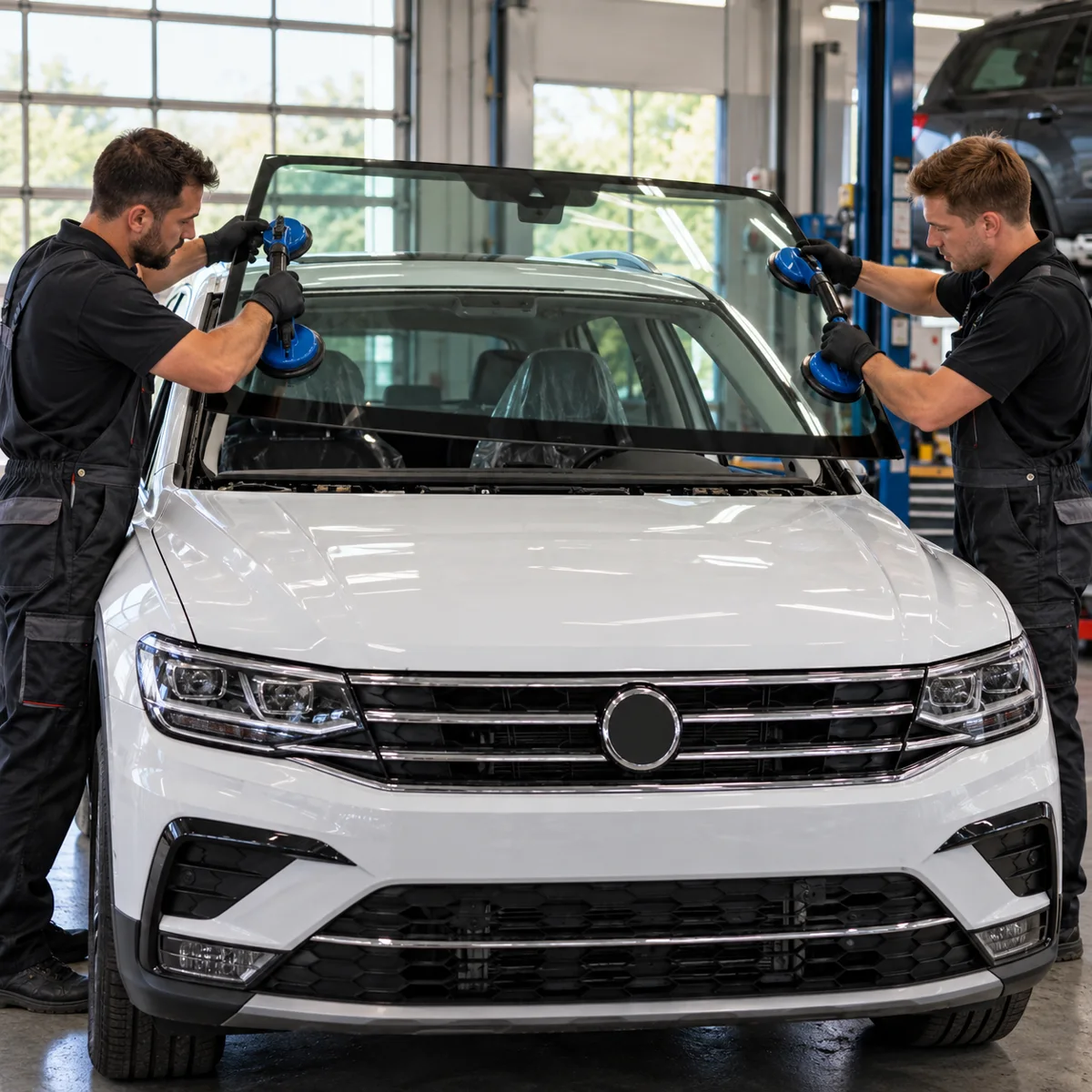 New windshield being carefully lowered onto a white VW Tiguan by technicians using suction lifters.