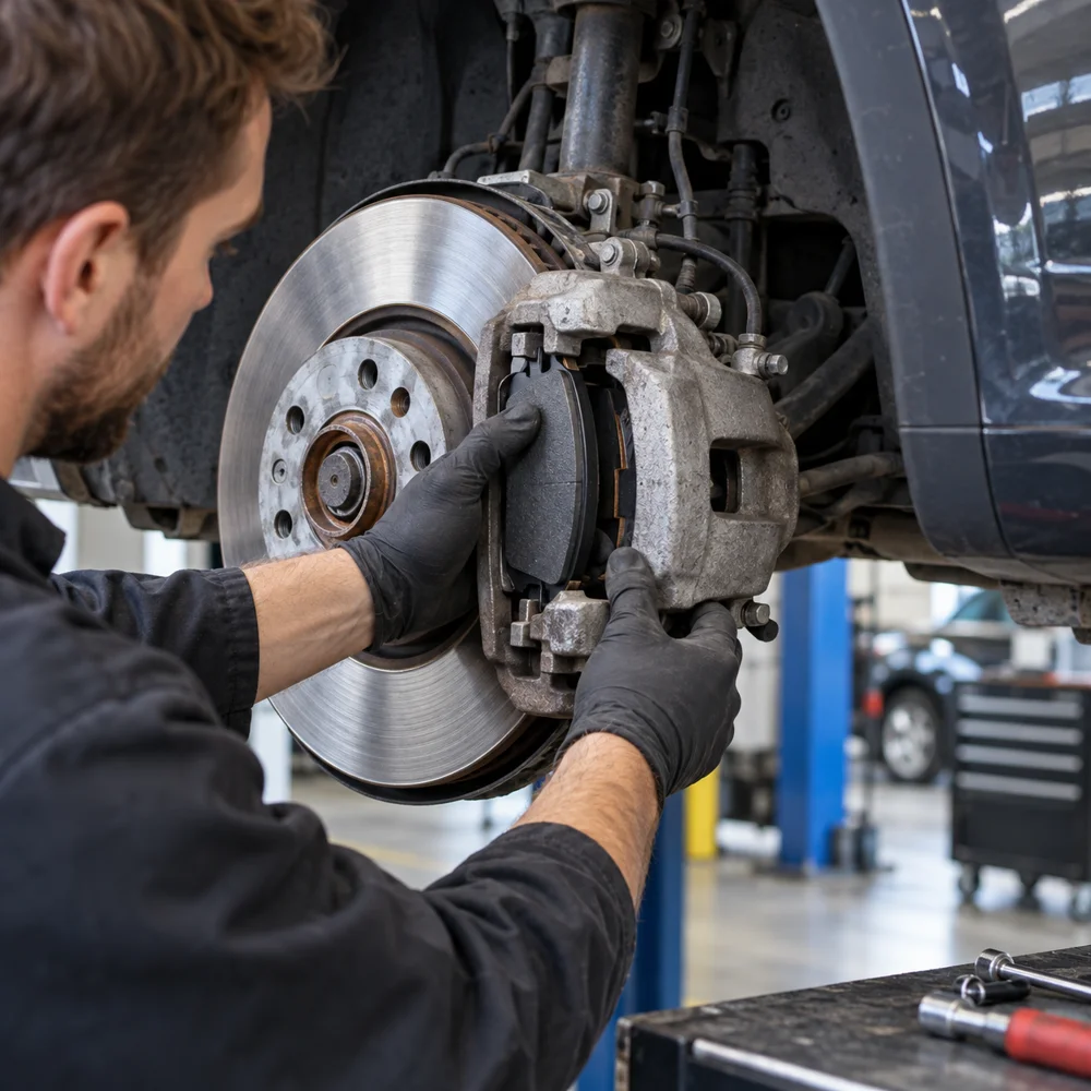Technician fitting new brake pads into a Volkswagen front caliper