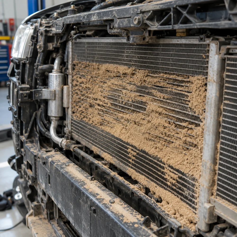 Sand packed between the condenser and radiator of a Volkswagen Touareg after desert driving