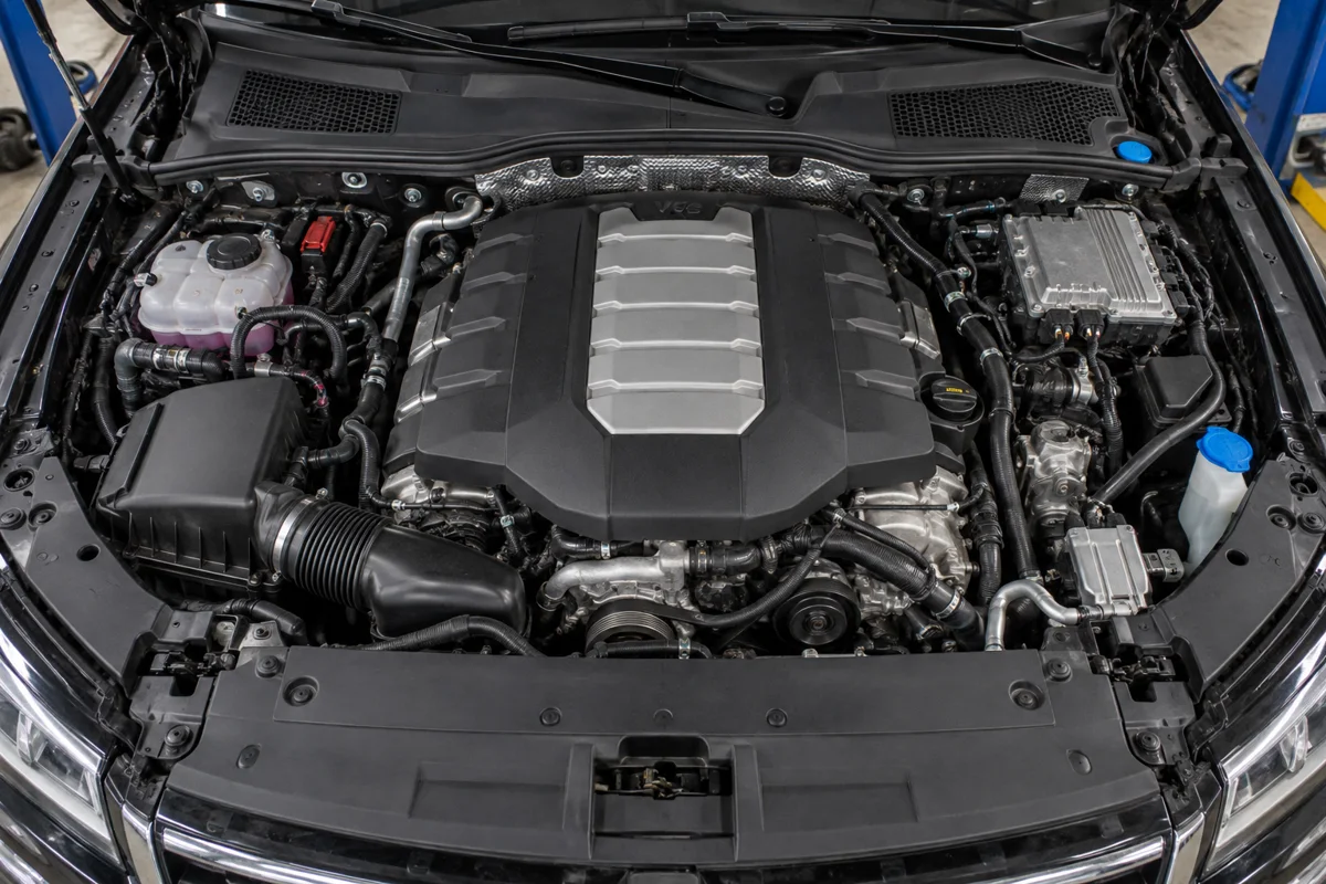 Open engine bay of a Volkswagen Touareg with a V6 engine