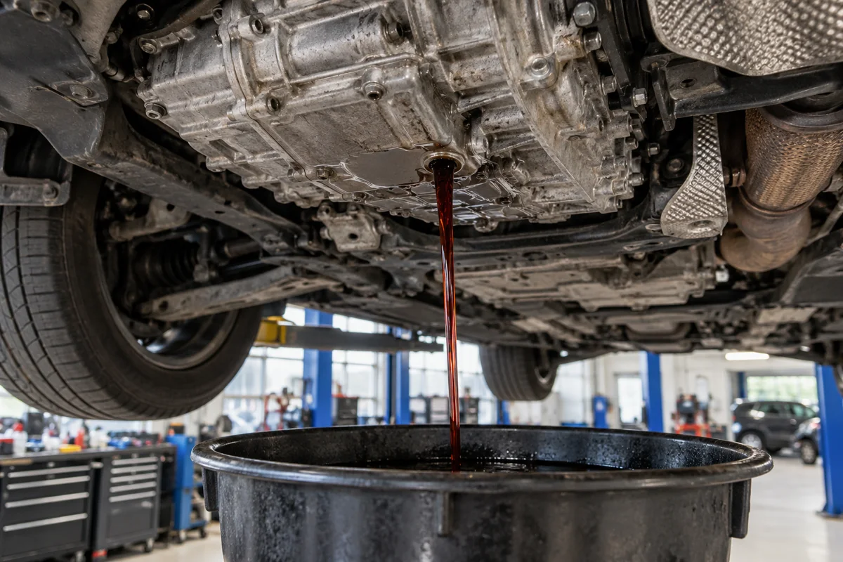 VW Touareg 8 speed automatic gearbox fluid being drained into a collection pan under the lifted vehicle.