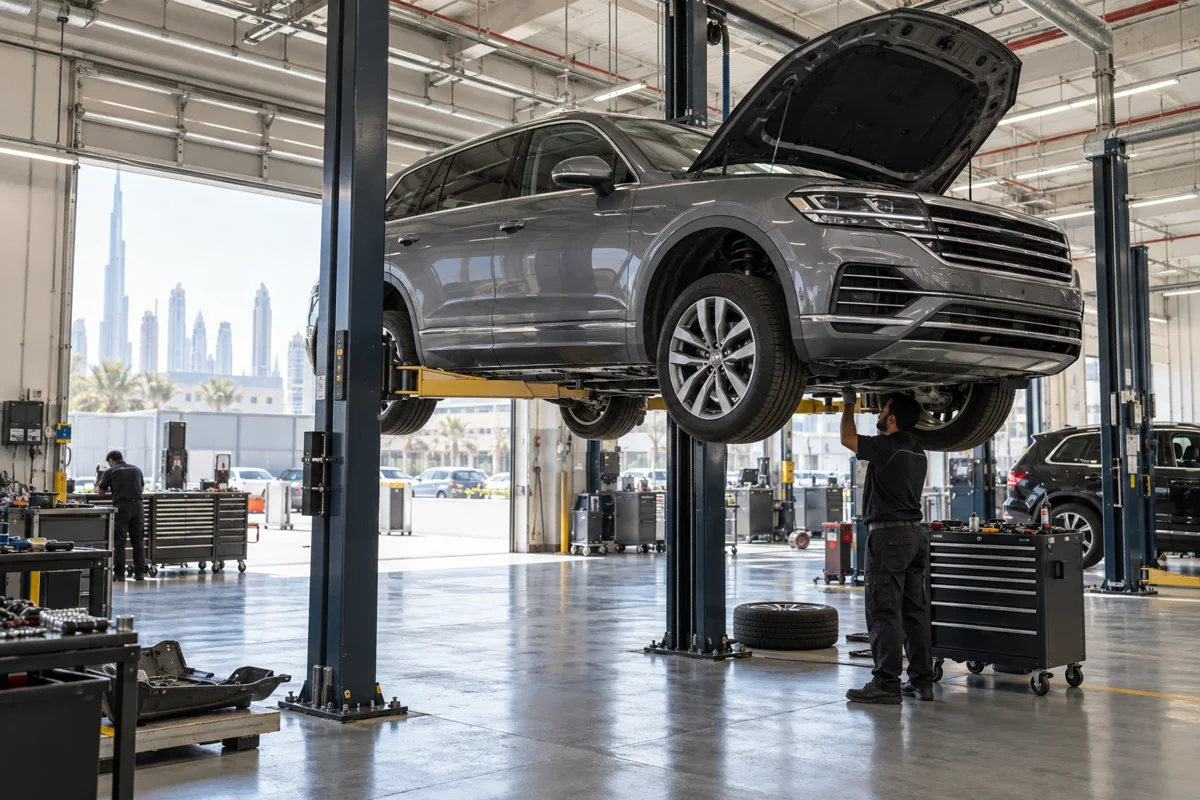 Grey Volkswagen Touareg raised on a workshop lift