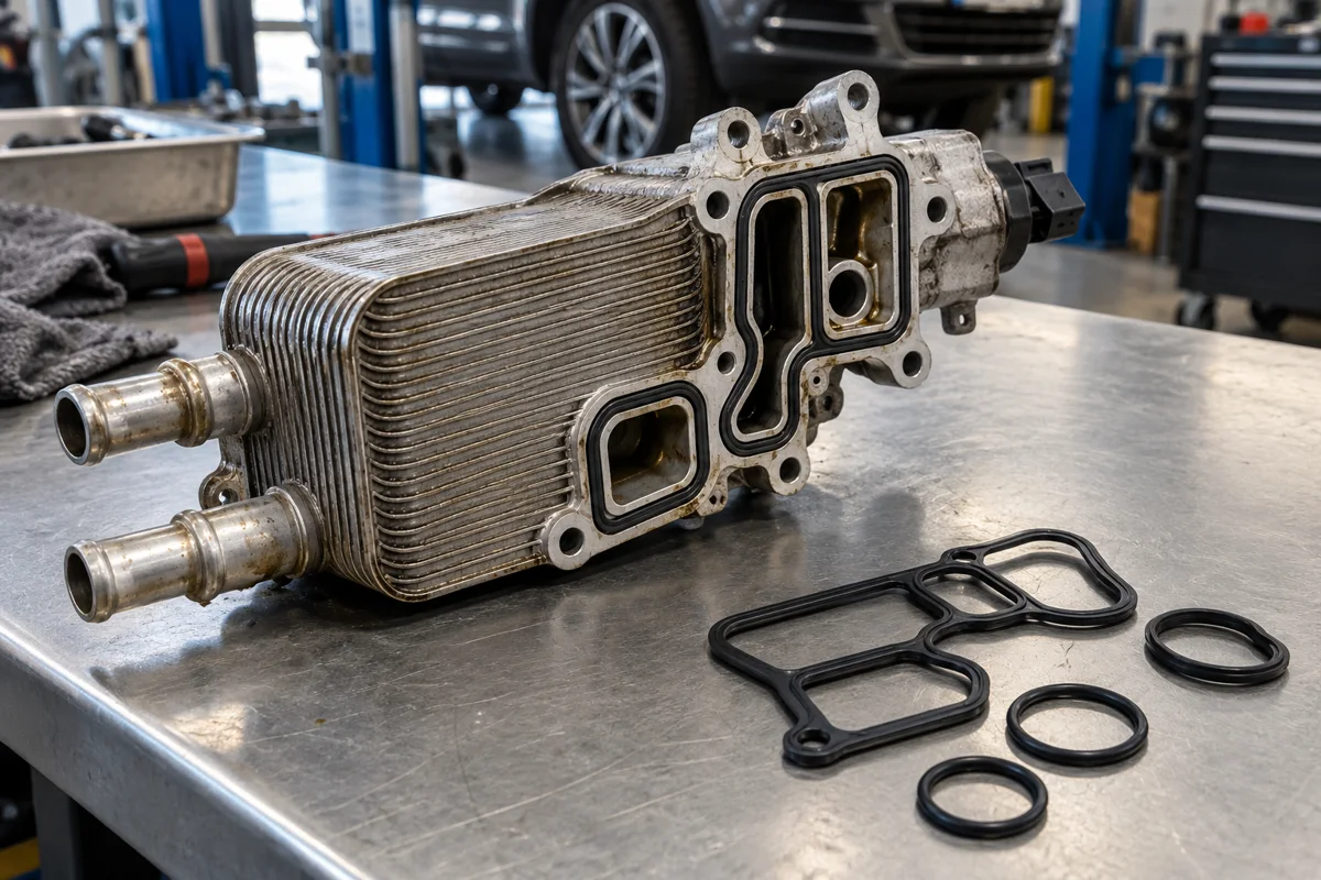 VW Touareg oil cooler on a clean workbench with new replacement rubber seals neatly positioned beside it.