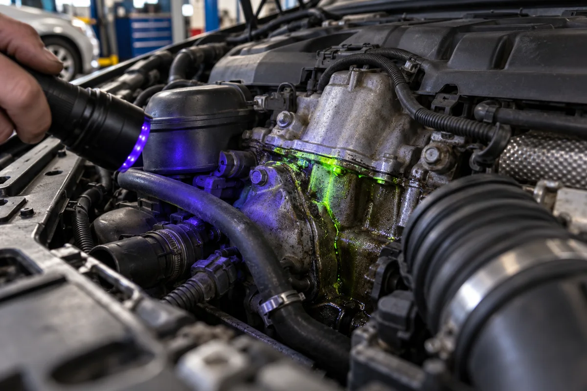 UV inspection light highlighting an engine oil leak.
