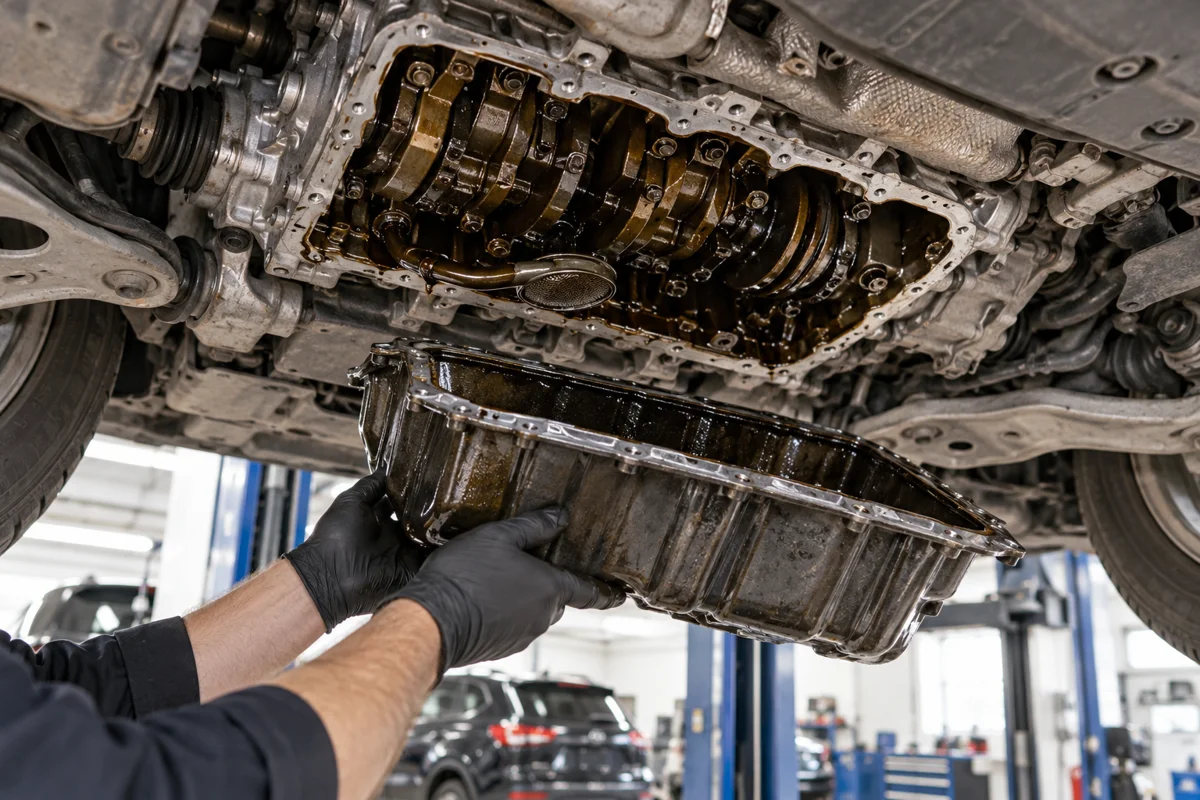 Oil pan removed beneath a VW Touareg on a lift, technician gloved hands supporting the pan, lower engine visible.