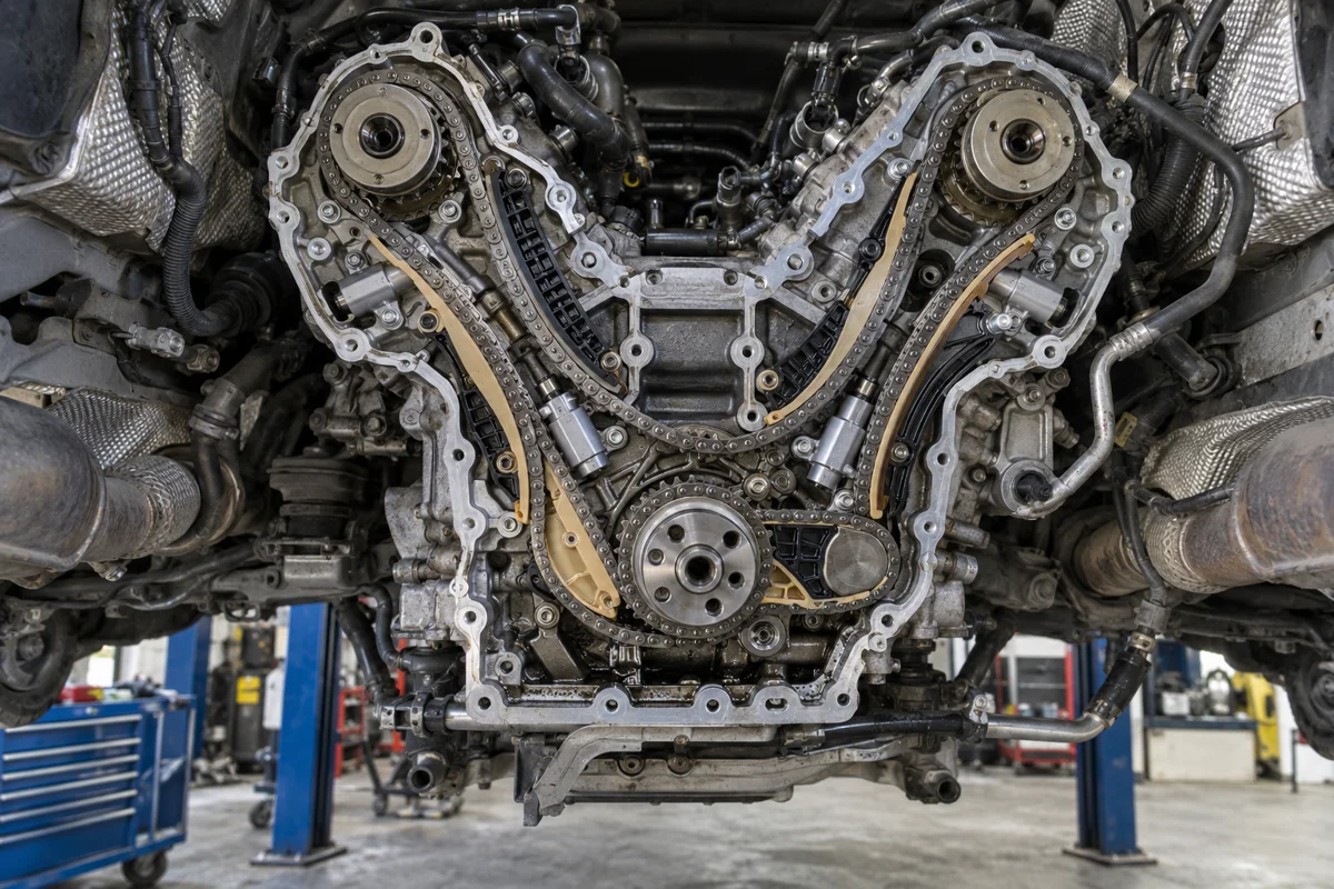 Rear of a VW Touareg V6 engine showing exposed timing chains, guides and tensioners with the gearbox removed.
