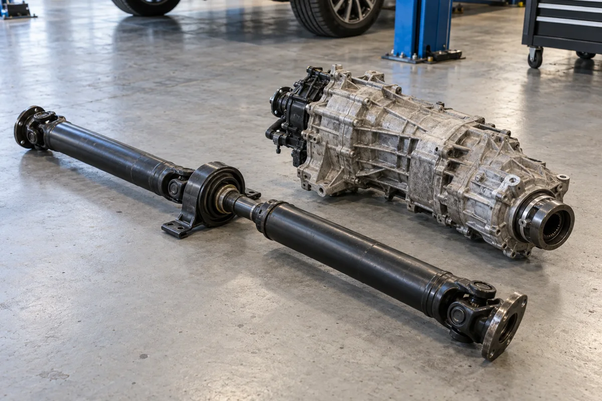 Volkswagen Touareg transfer case and two piece propshaft on a workshop floor