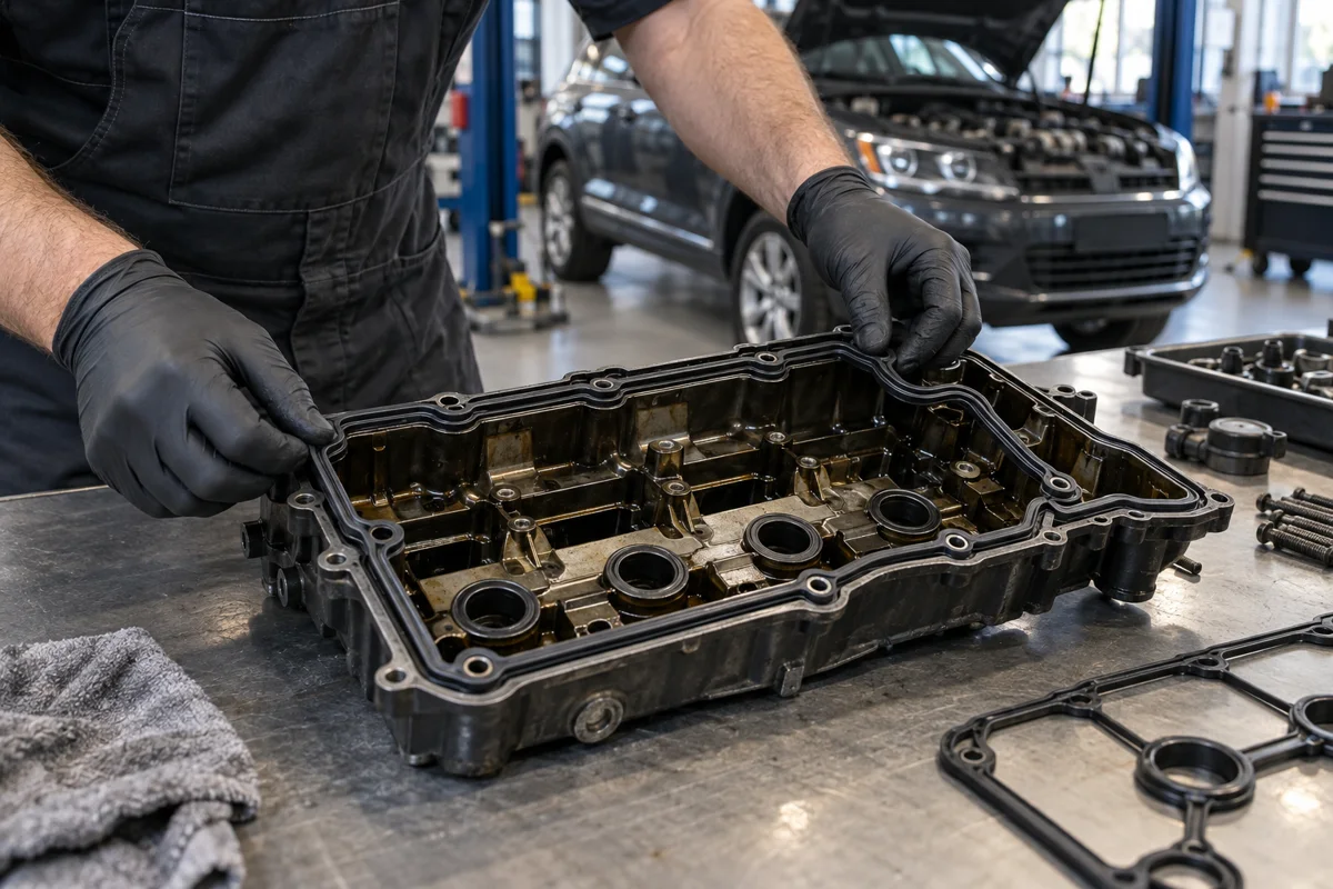 Technician gloved hands fitting a new valve cover gasket into the valve cover of a VW Touareg V6 on a workshop bench.