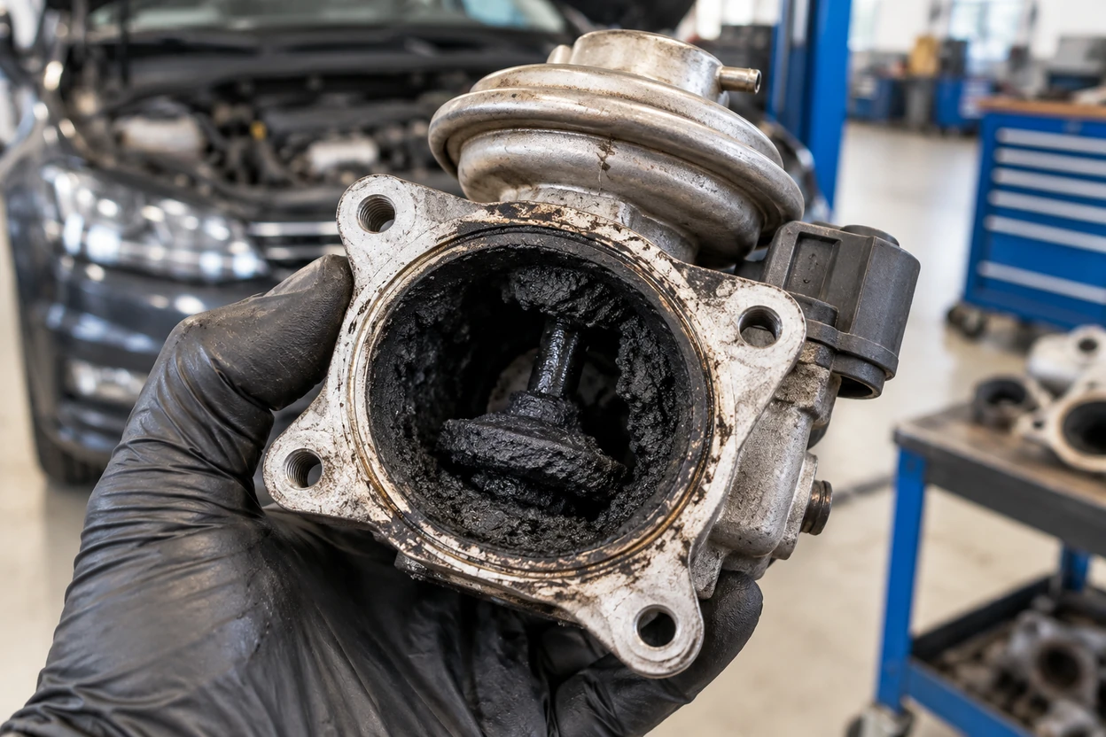 Carbon buildup inside a Volkswagen EGR valve removed from the engine