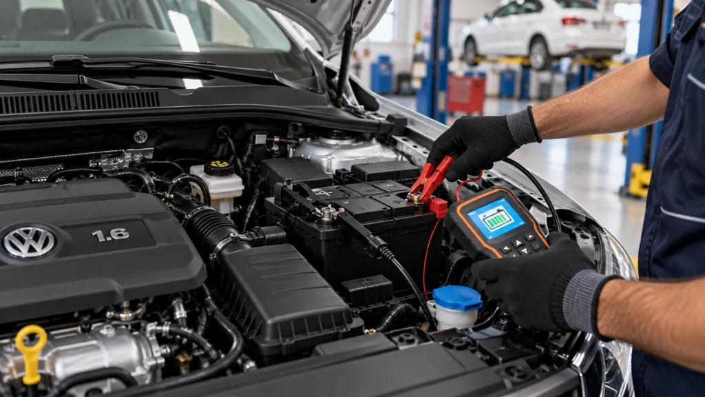 Technician load testing the battery of a Volkswagen Vento under the bonnet