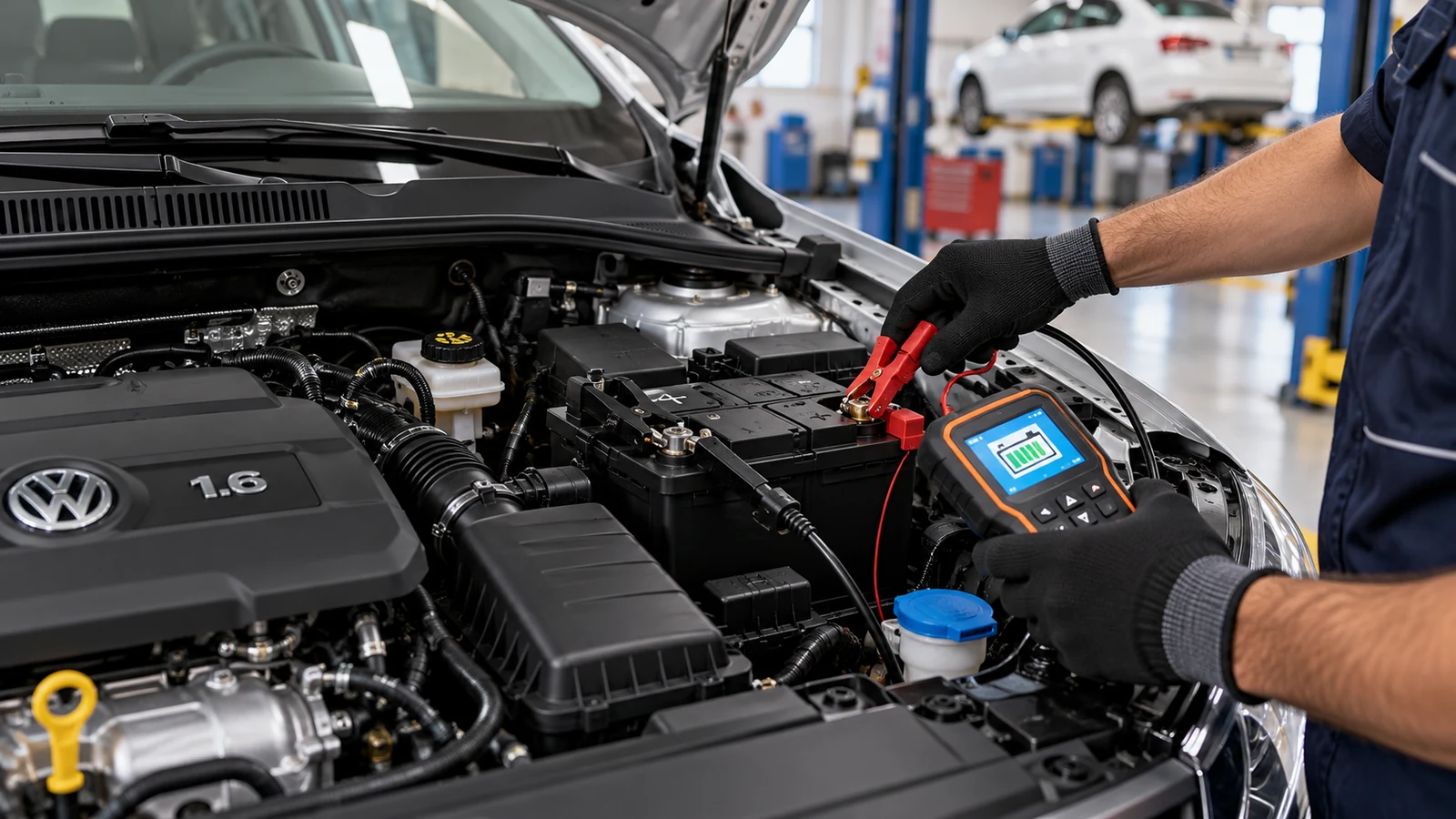 Technician load testing the battery of a Volkswagen Vento under the bonnet