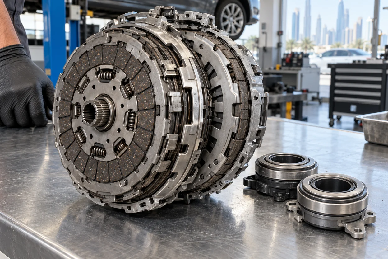 Dry double clutch from a Volkswagen seven speed DSG on a workshop bench