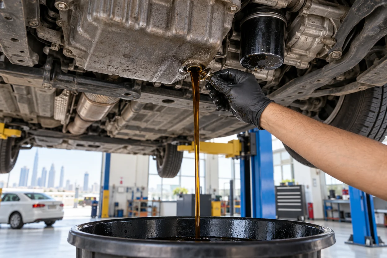Technician draining engine oil from a Volkswagen Vento on a workshop lift