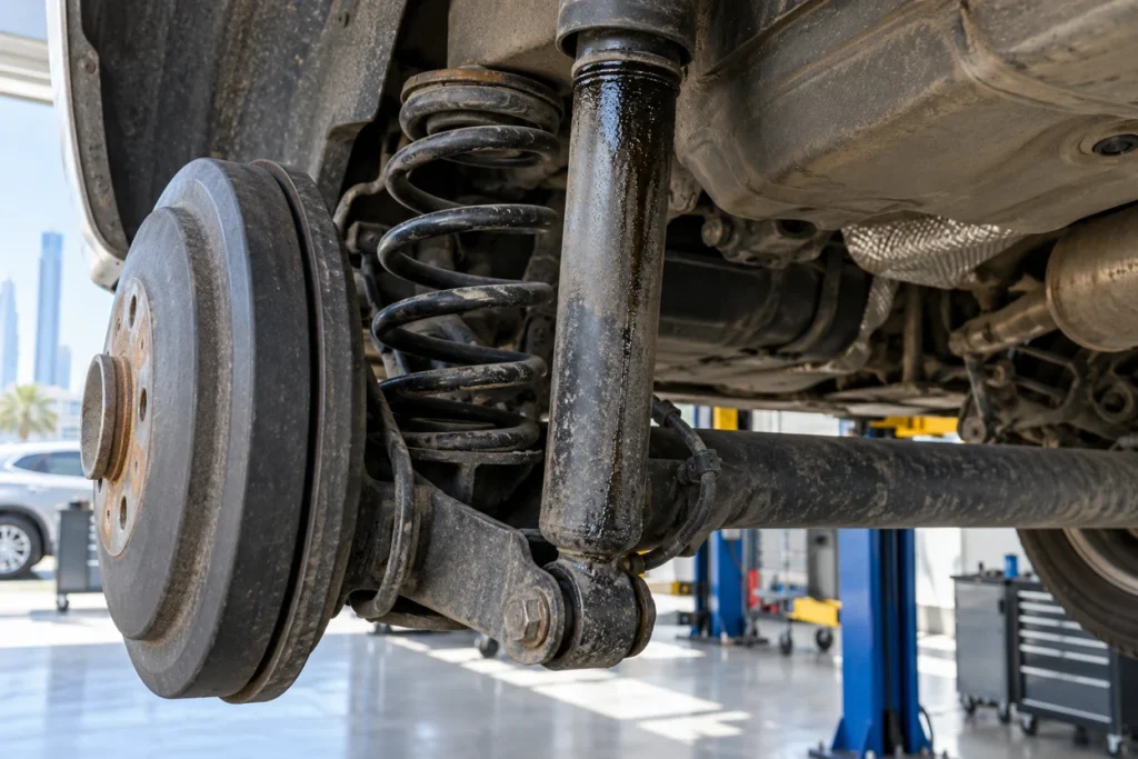 Oil leaking down the rear shock absorber of a Volkswagen Vento